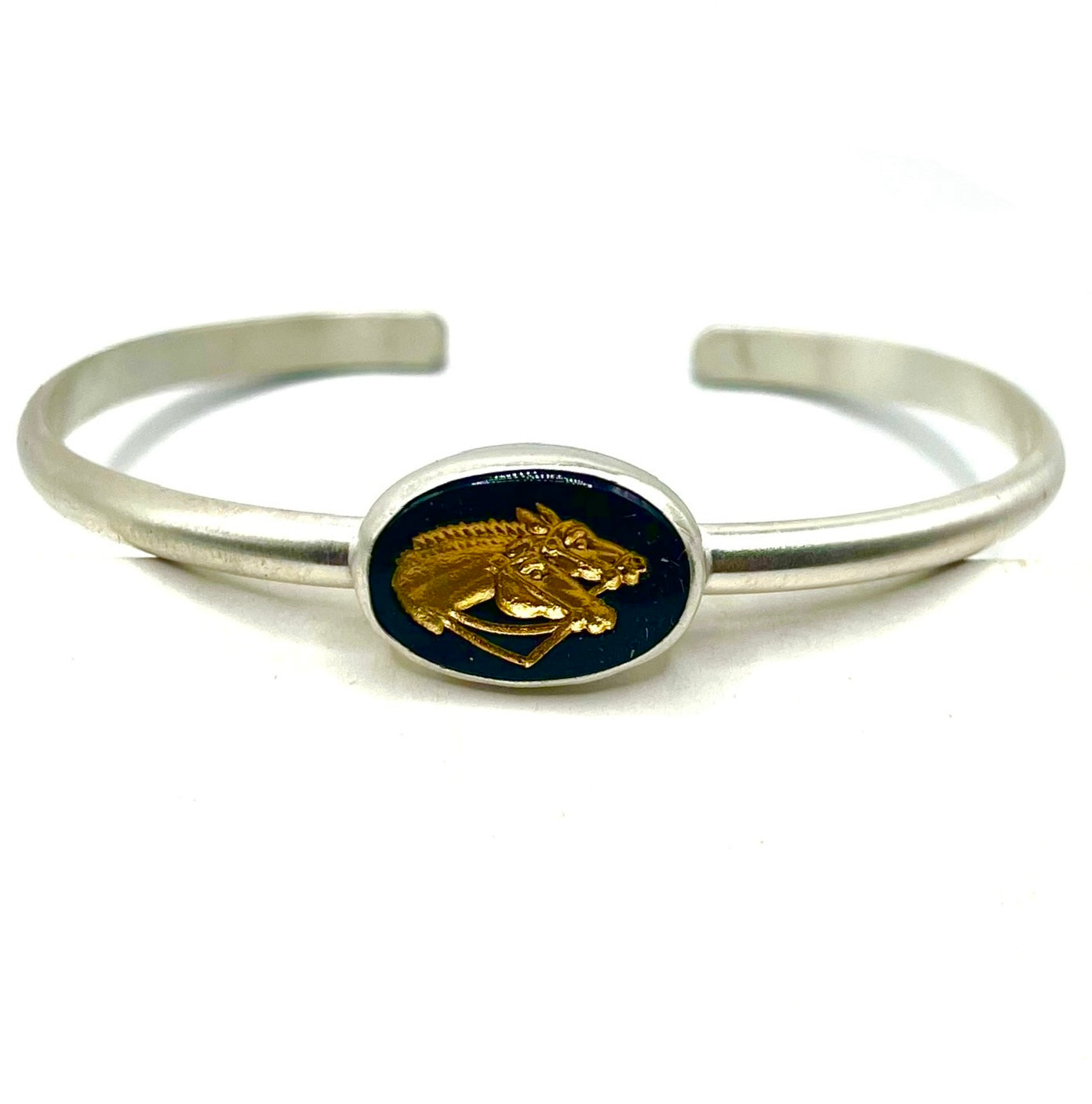 Vintage German Glass Horse Cuff – Handcrafted Sterling Silver Bracelet, 1970s Carved Glass, 6"