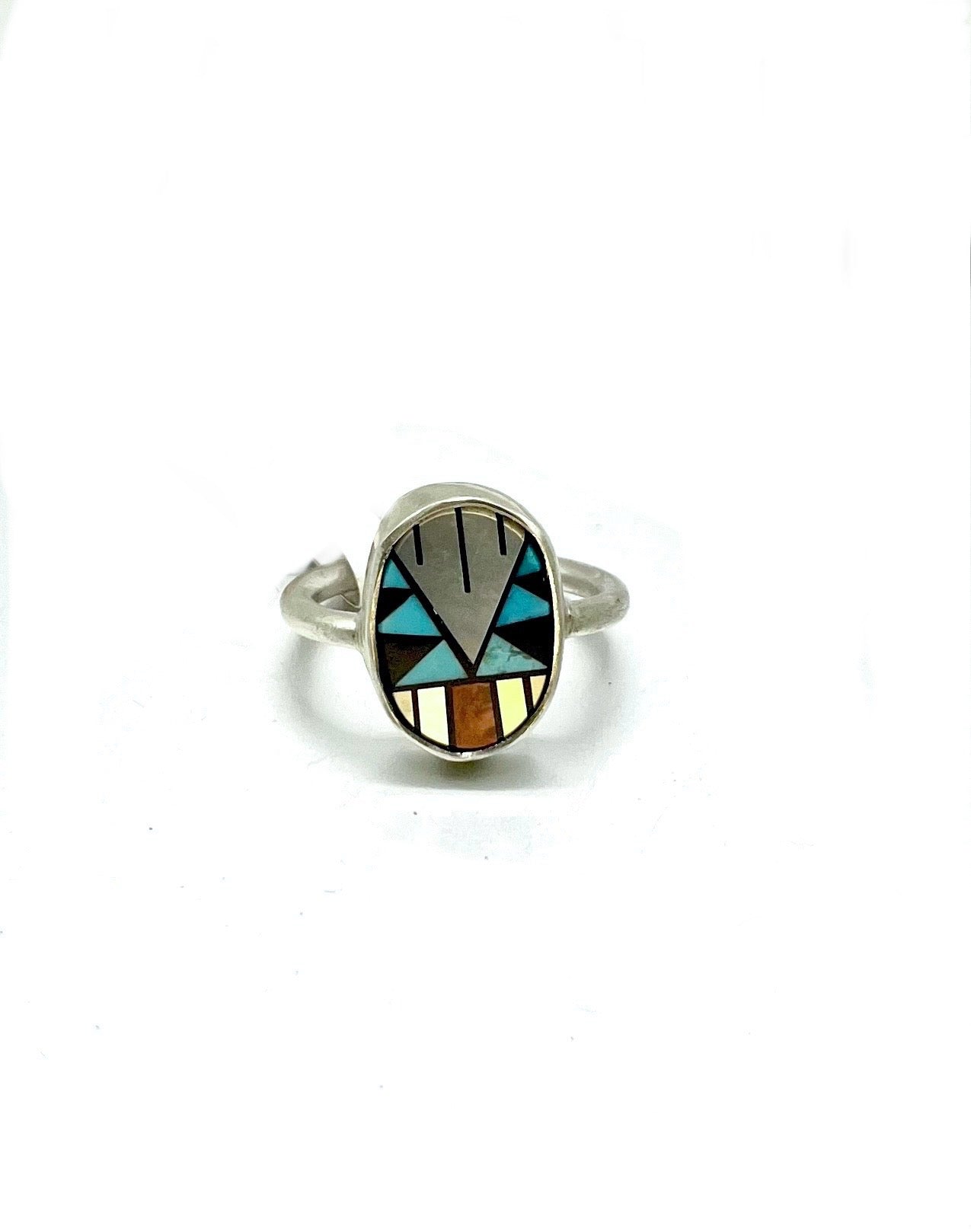 Zuni Inlay Ring with Mother of Pearl, Coral & Turquoise – Handmade Sterling Silver Statement Ring, Size 8