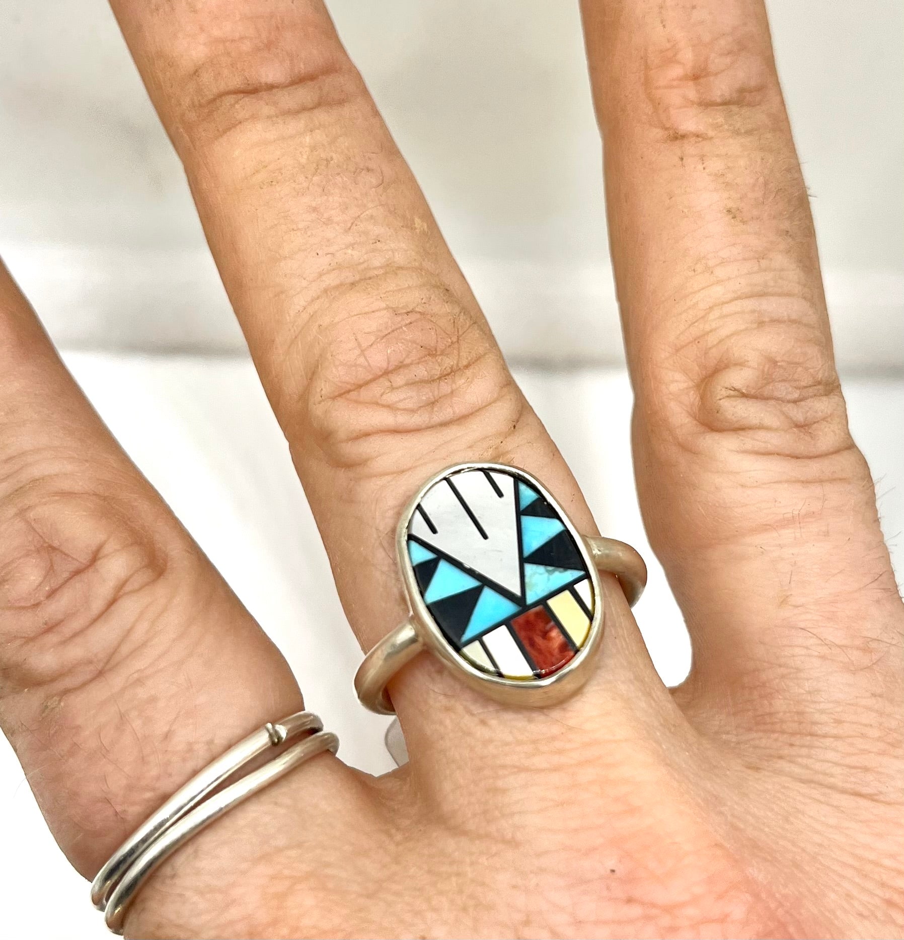 Zuni Inlay Ring with Mother of Pearl, Coral & Turquoise – Handmade Sterling Silver Statement Ring, Size 8