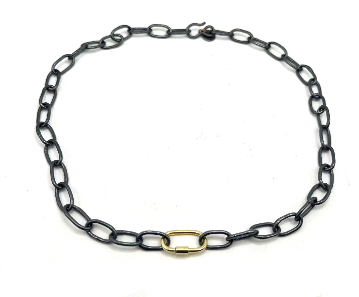 Handmade Sterling Silver and Gold-Dipped Carabiner Chain Necklace – Bold 16" Oxidized Silver & Polished Gold Statement