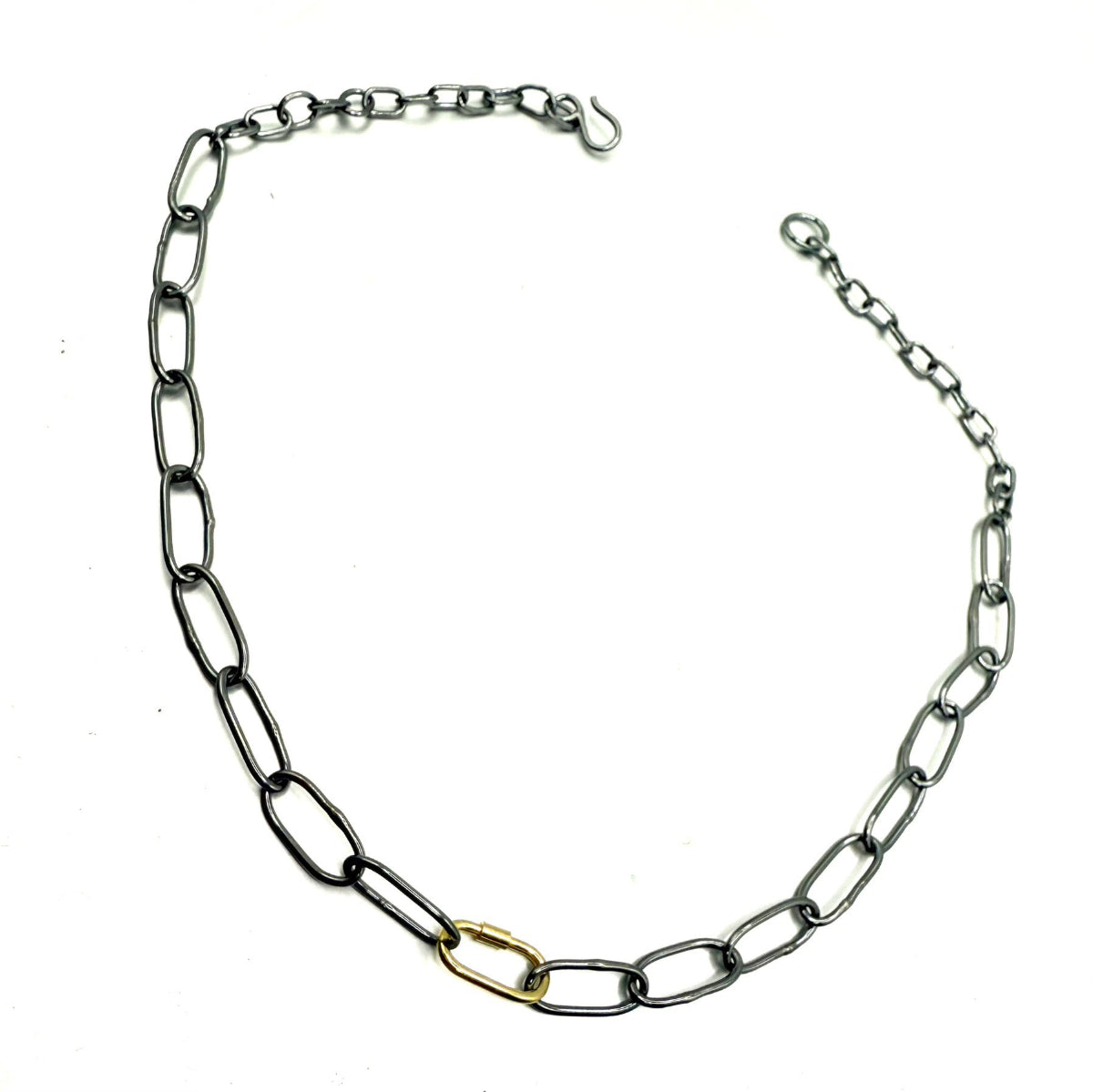 Handmade Sterling Silver Carabiner Chain Necklace with Gold-Dipped Clasp – 17" Statement Jewelry
