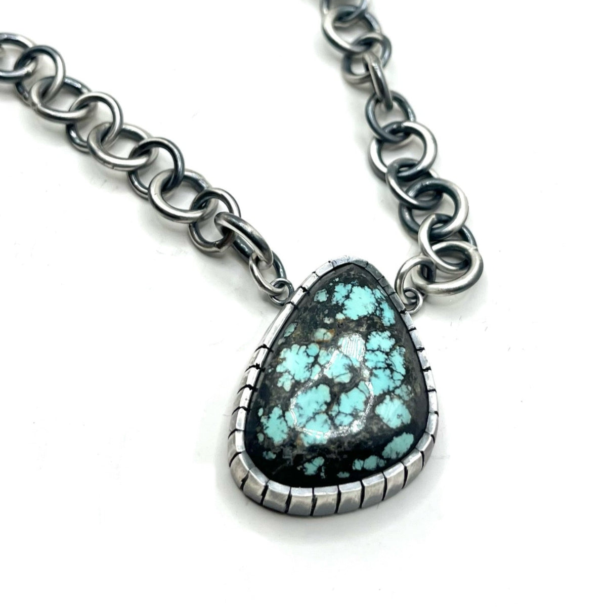 Castellated Treasure Mountain Turquoise Necklace – Handmade Sterling Silver Chain, 18"