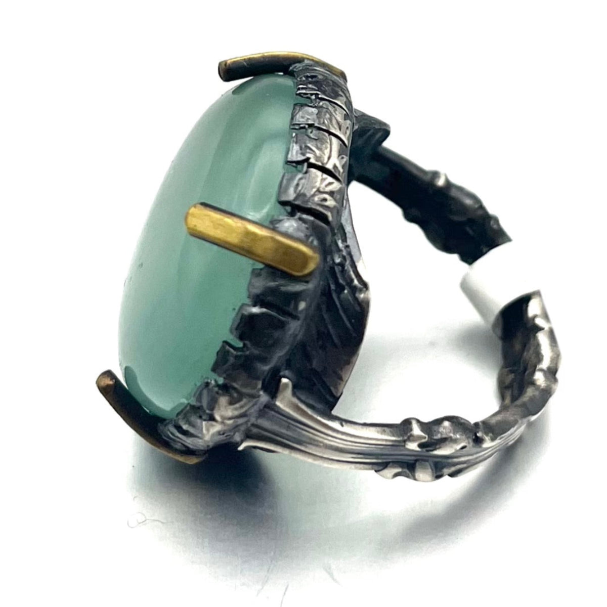 Chalcedony Sterling Silver Signet Ring – Handmade Vintage Flatware Jewelry with Brass Accents