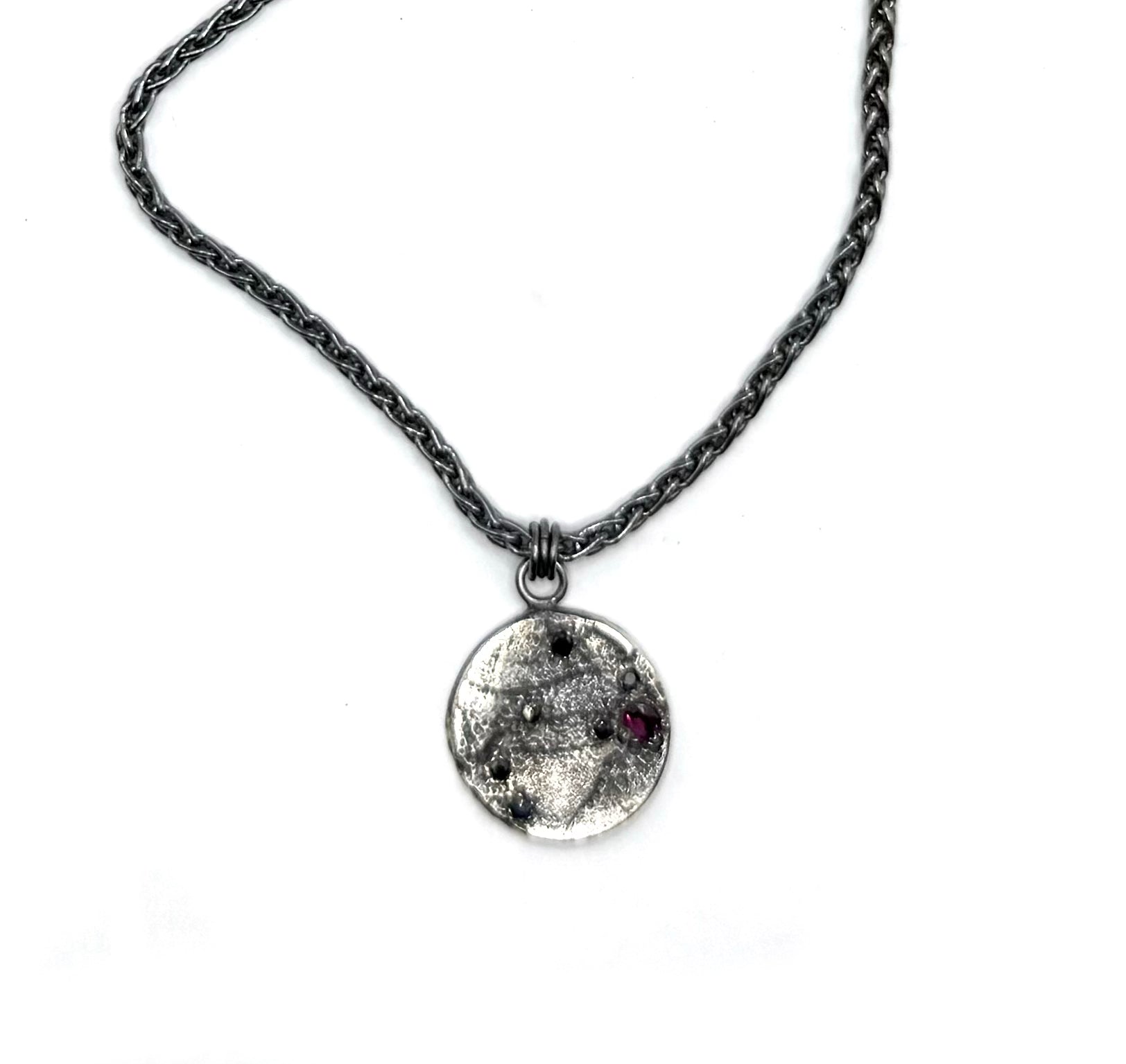 Sterling Silver Cosmic Pendant with Black Sapphires & Garnet