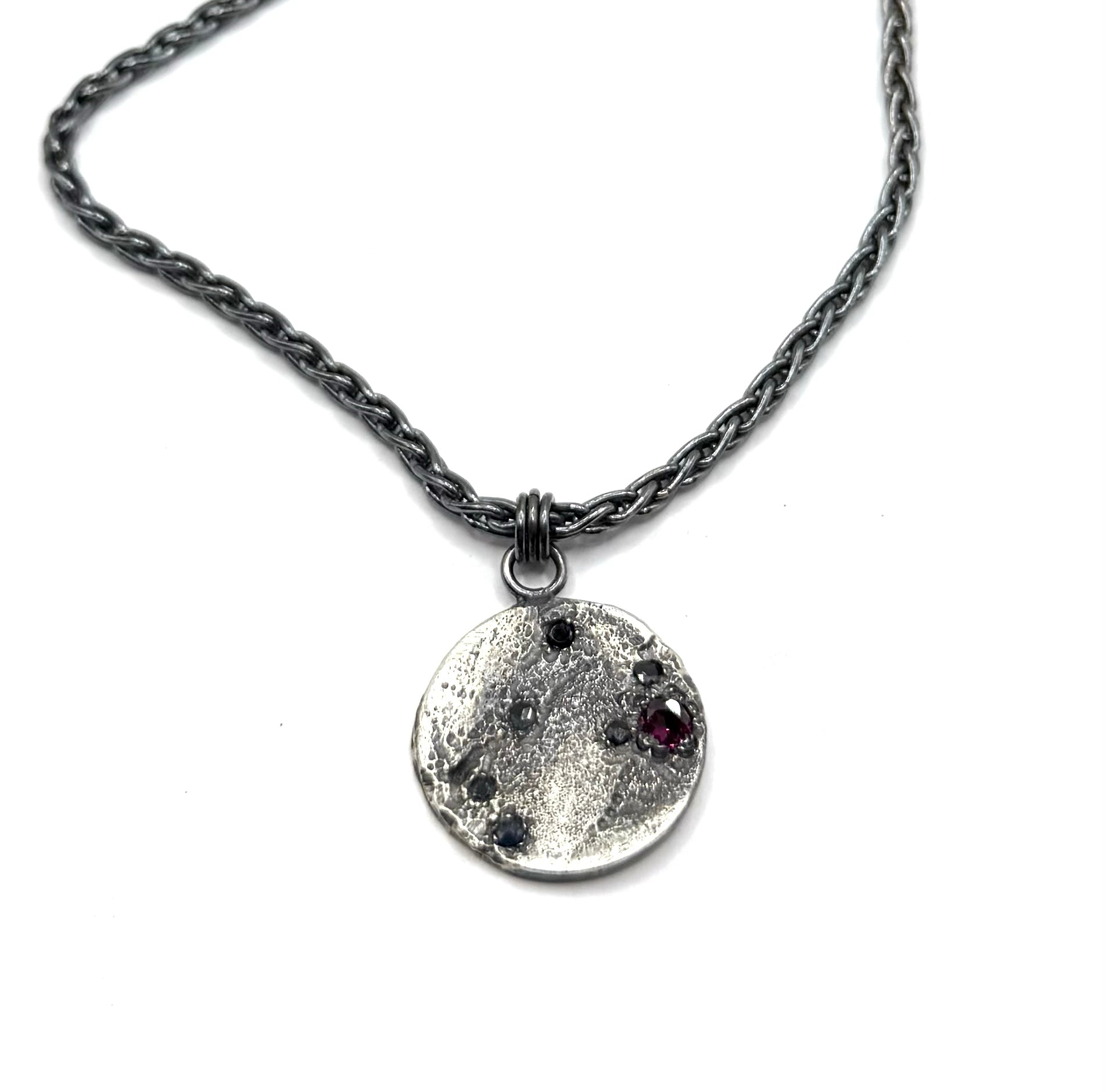 Sterling Silver Cosmic Pendant with Black Sapphires & Garnet