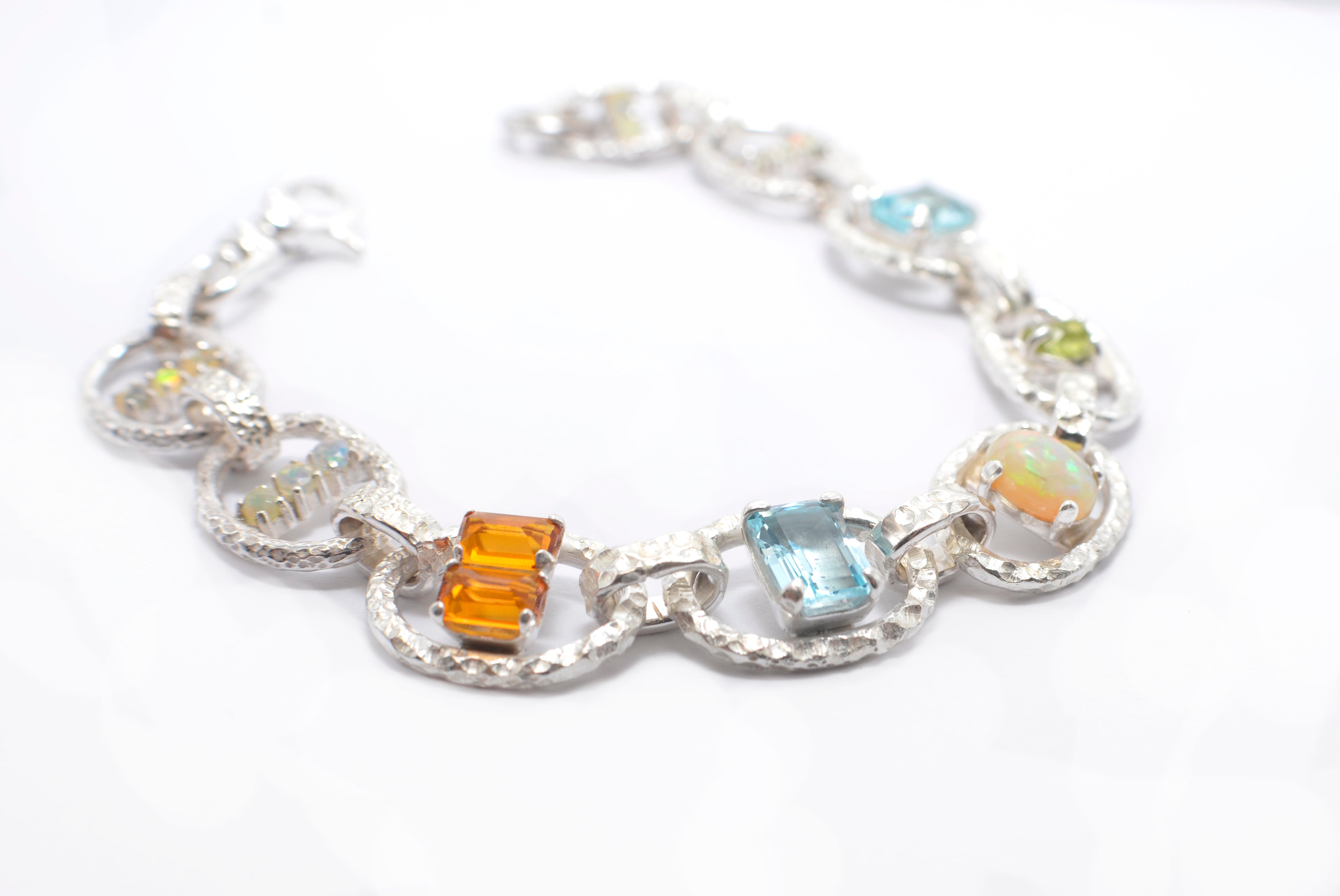 Hand-Carved Sterling Marine Chain Bracelet with White Opal, Amber Quartz, Topaz & Peridot