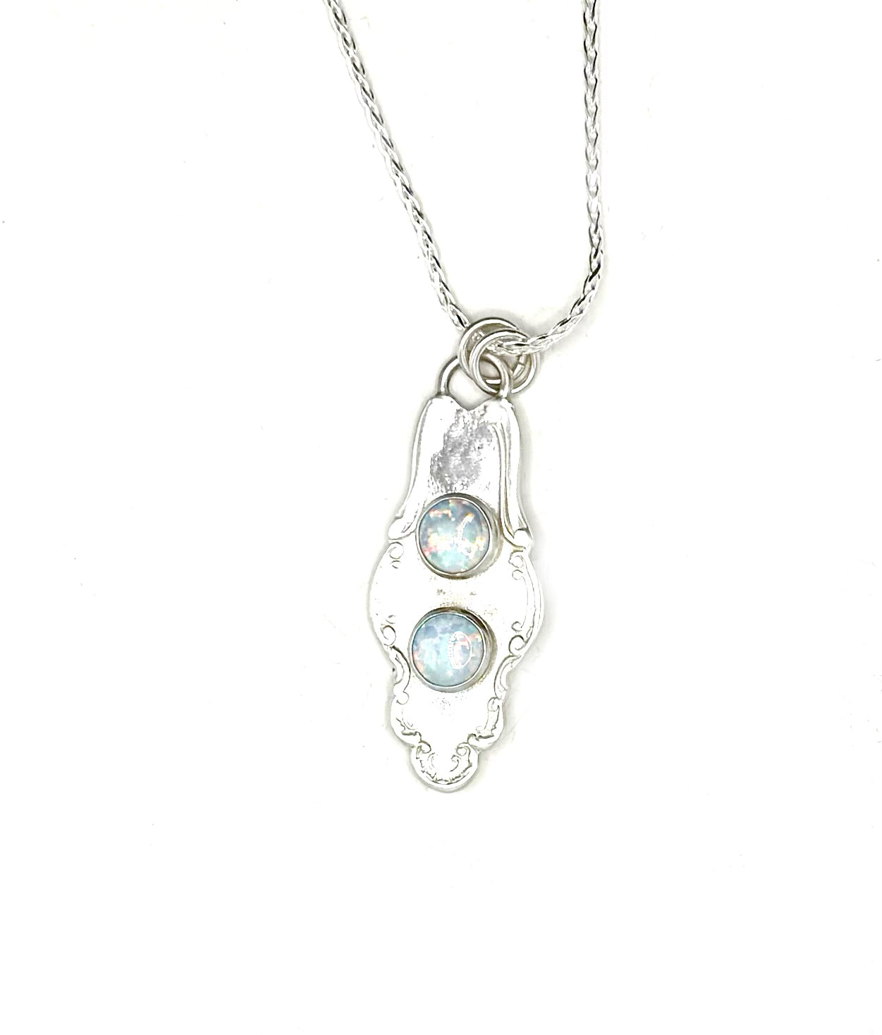 Venus Spoon Pendant with Opal – Handcrafted Sterling Silver Souvenir Spoon Necklace with Double Kyocera Opal, 18" Wheat Chain