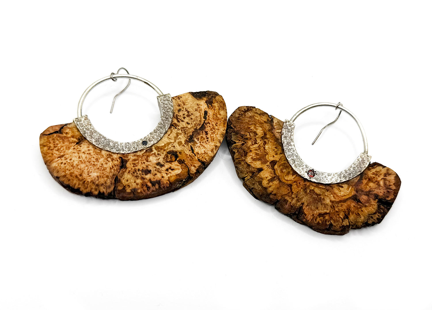 Hickory Burl Earrings with Sapphire and Garnet