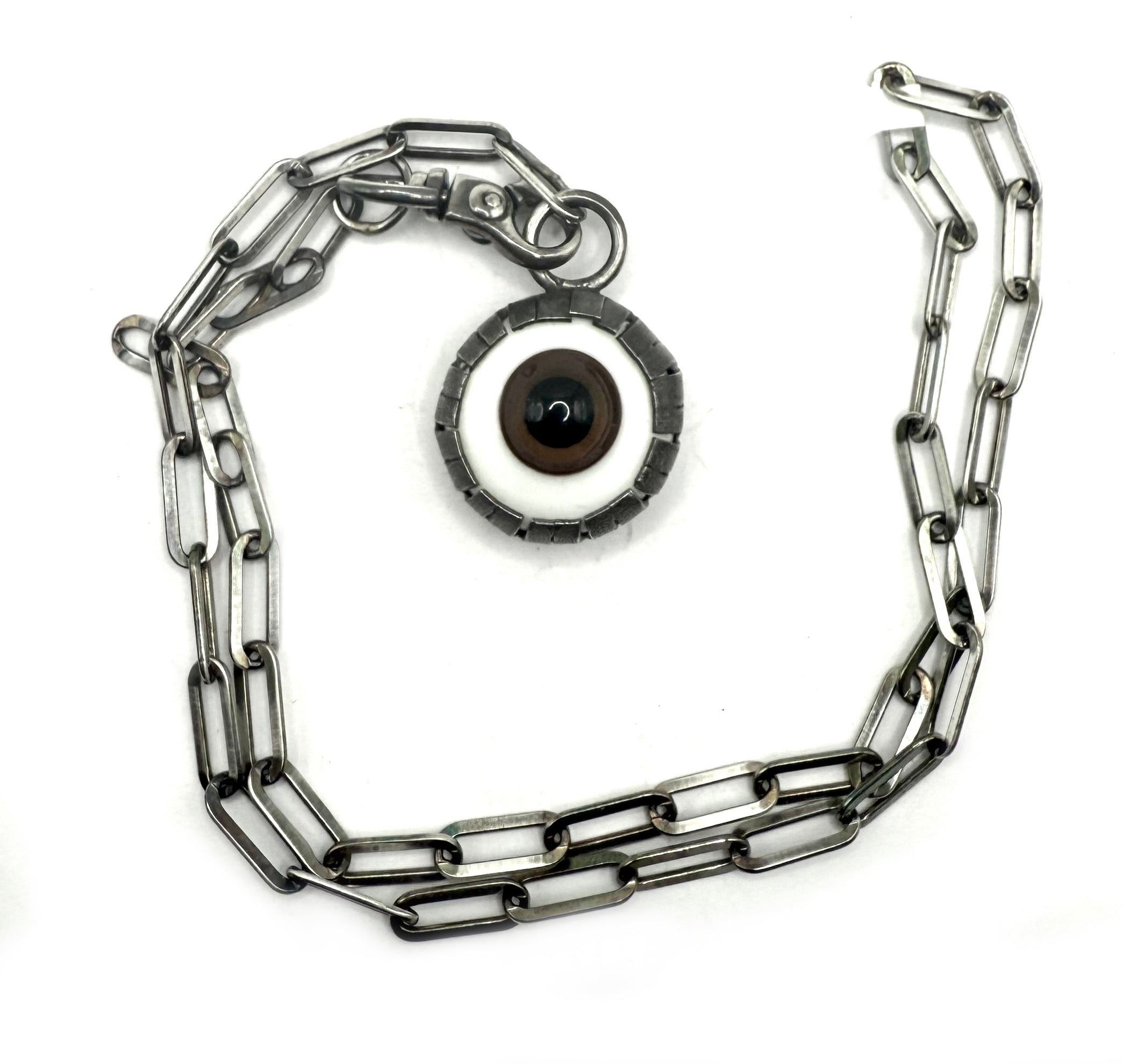 Glass Eyeball Pendant Necklace – Sterling Silver Chain, Handmade Bezel Setting_Brown