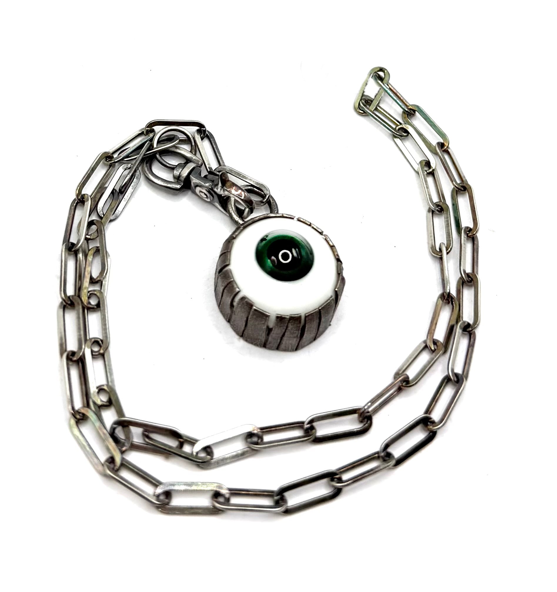 Glass Eyeball Pendant Necklace – Sterling Silver Chain, Handmade Bezel Setting_Green