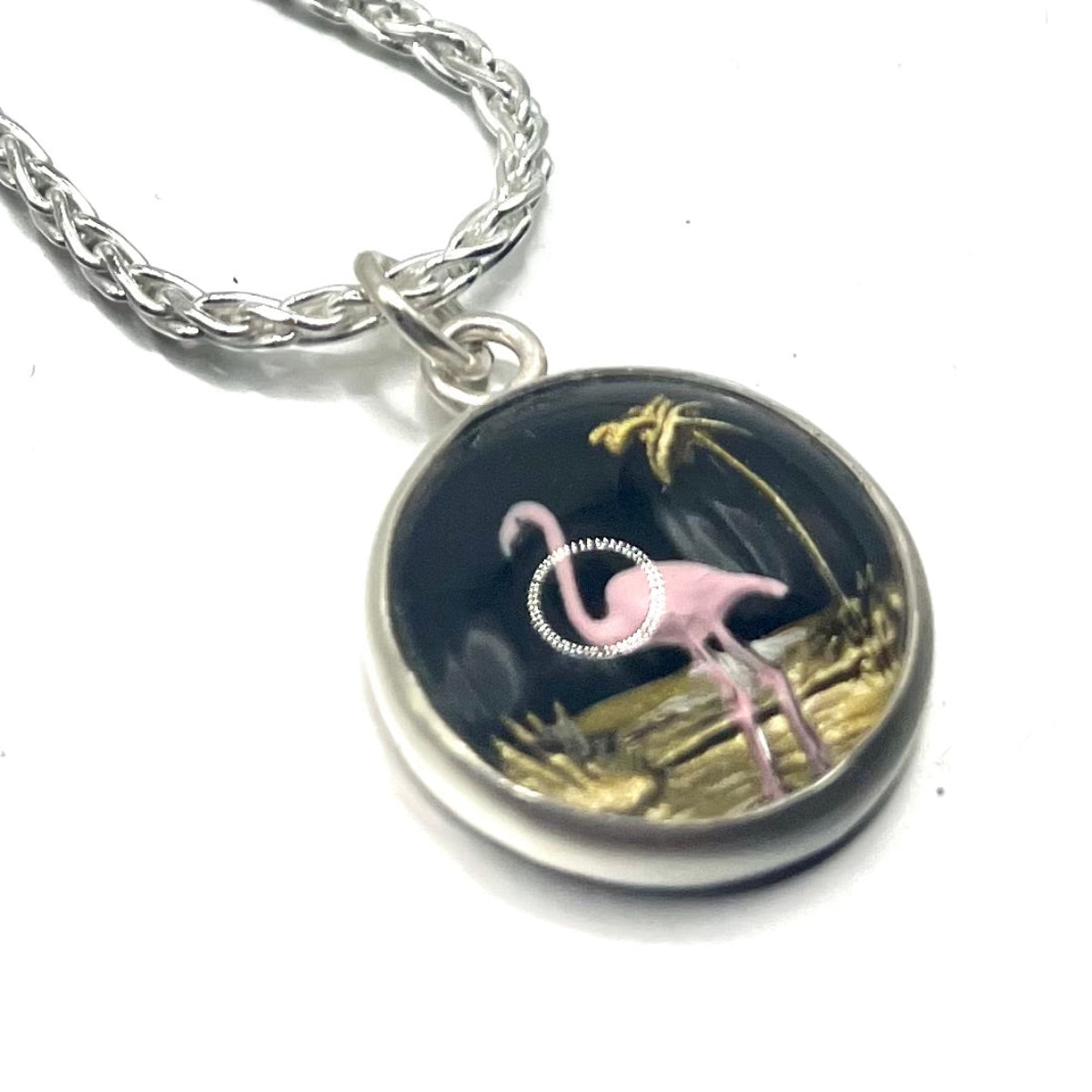 Vintage 1950s Flamingo Glass Necklace – Hand-Painted Intaglio Cabochons on Sterling Silver Wheat Chain