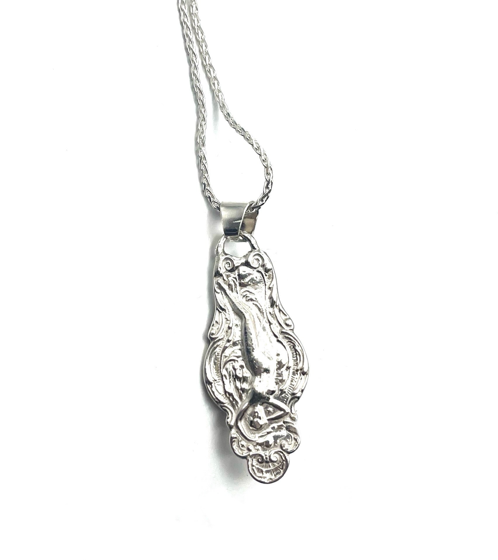 Venus Spoon Pendant with Opal – Handcrafted Sterling Silver Souvenir Spoon Necklace with Double Kyocera Opal, 18" Wheat Chain