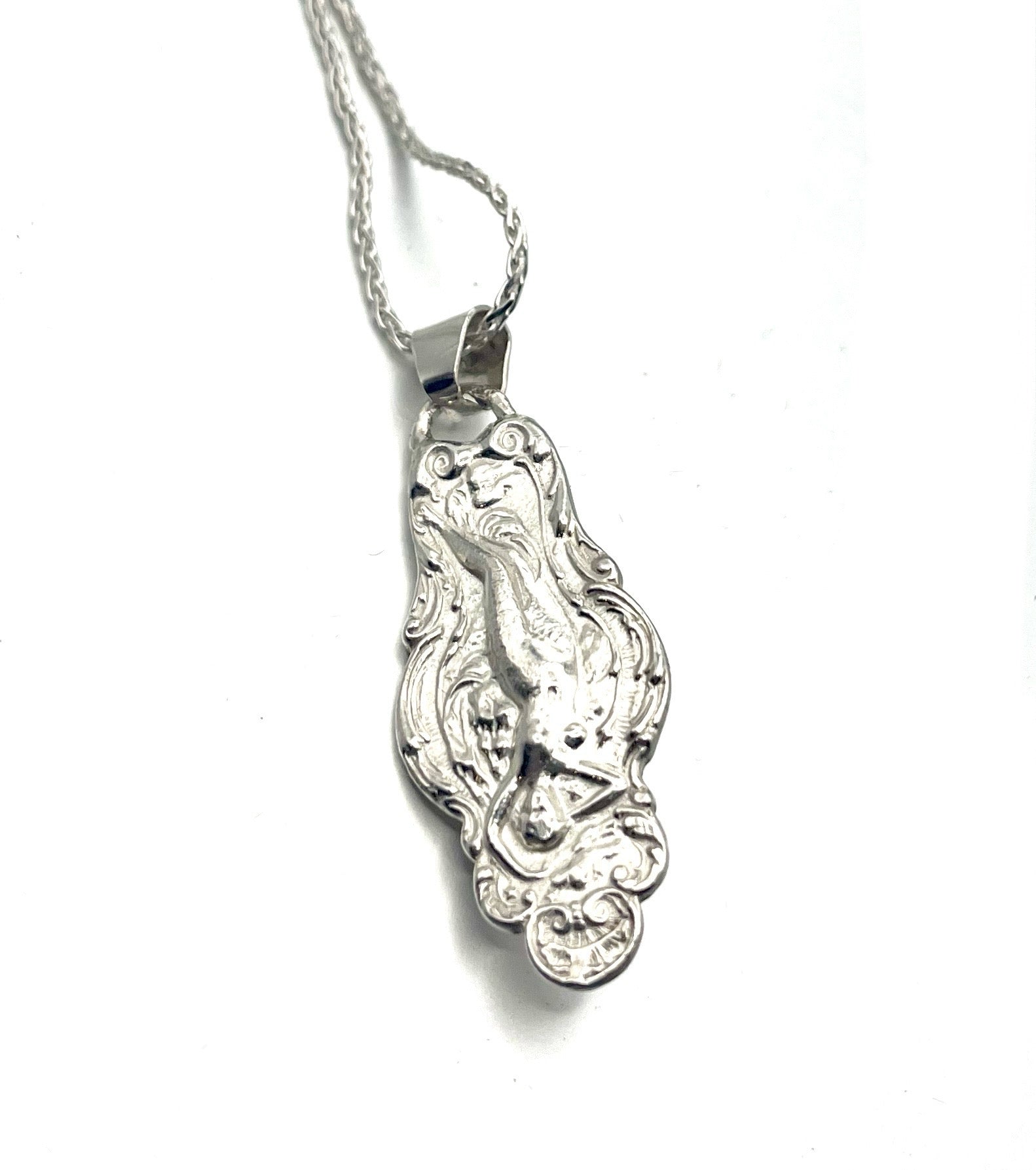 Venus Spoon Pendant with Opal – Handcrafted Sterling Silver Souvenir Spoon Necklace with Double Kyocera Opal, 18" Wheat Chain