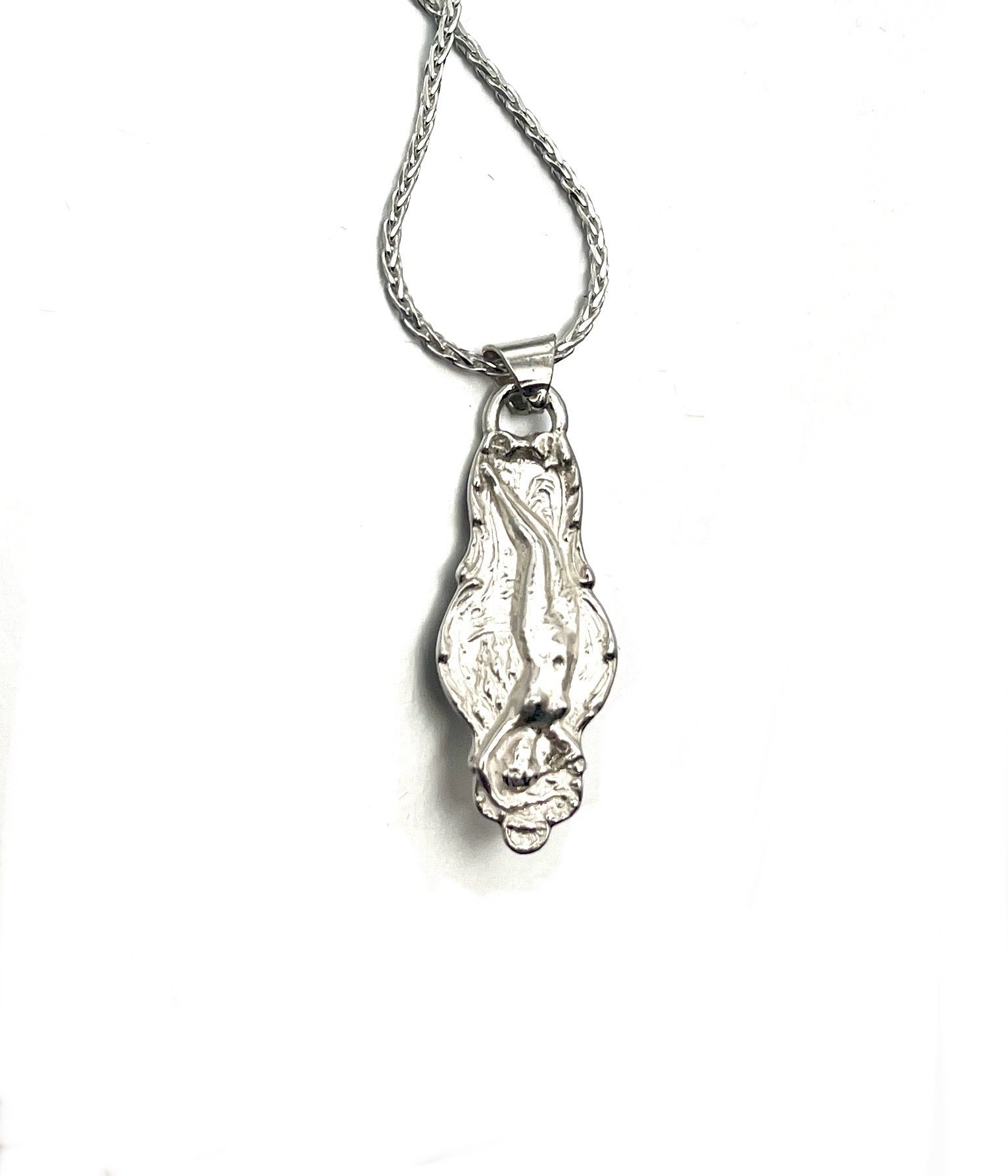 Venus Spoon Pendant with Opal – Handcrafted Sterling Silver Souvenir Spoon Necklace with Kyocera Opal, 18" Wheat Chain