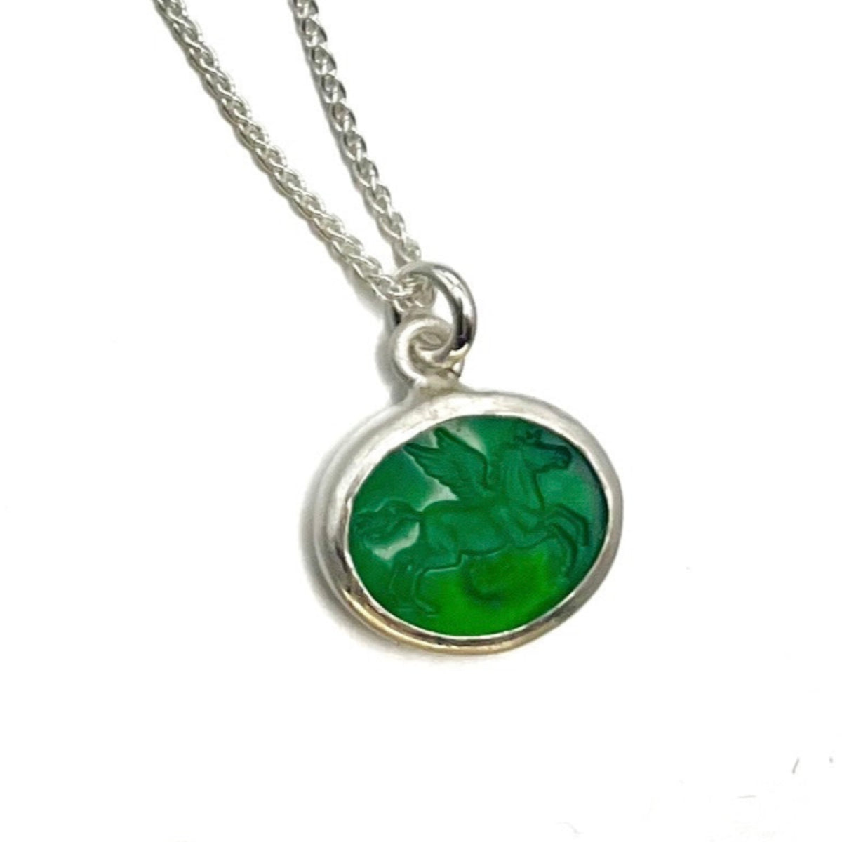 Green Jade Pegasus Intaglio Necklace – Hand-Carved Gemstone Pendant in Sterling Silver with 18" Chain
