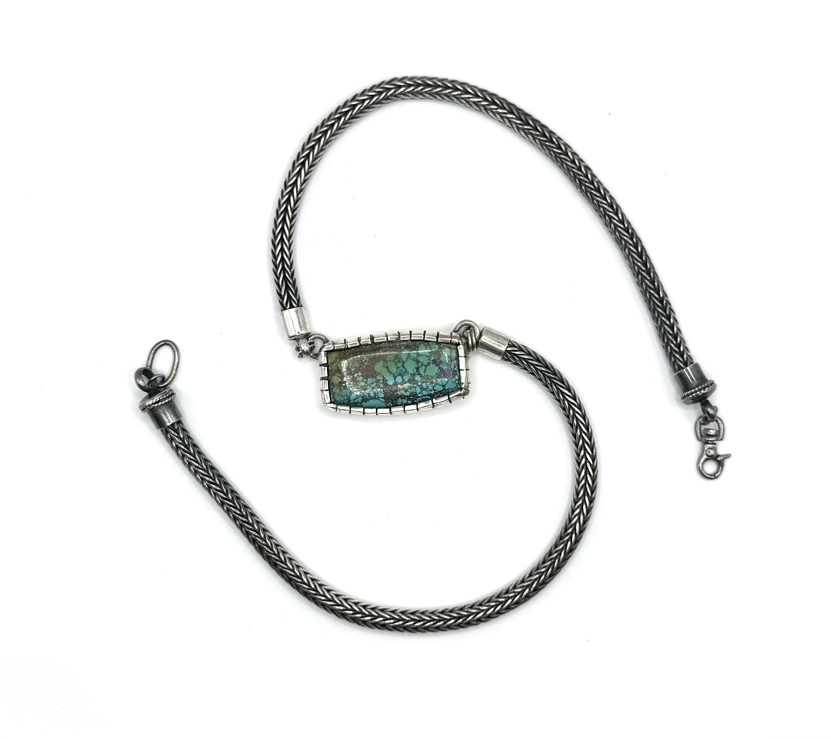 Handmade Fine Silver Woven Chain Necklace with Hubei Turquoise in Castellated Sterling Bezel