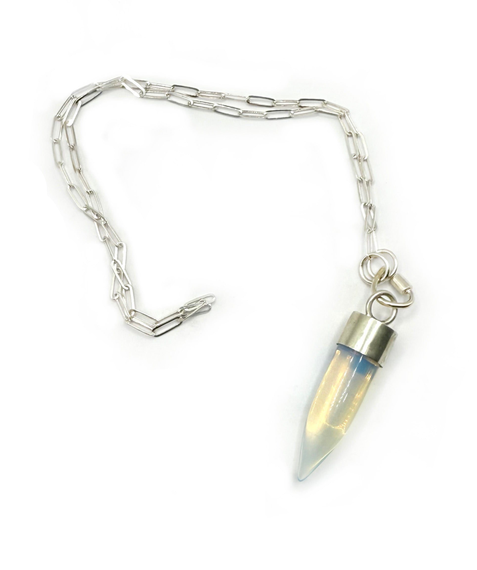 Silver chain necklace with a unique pendant on a white background