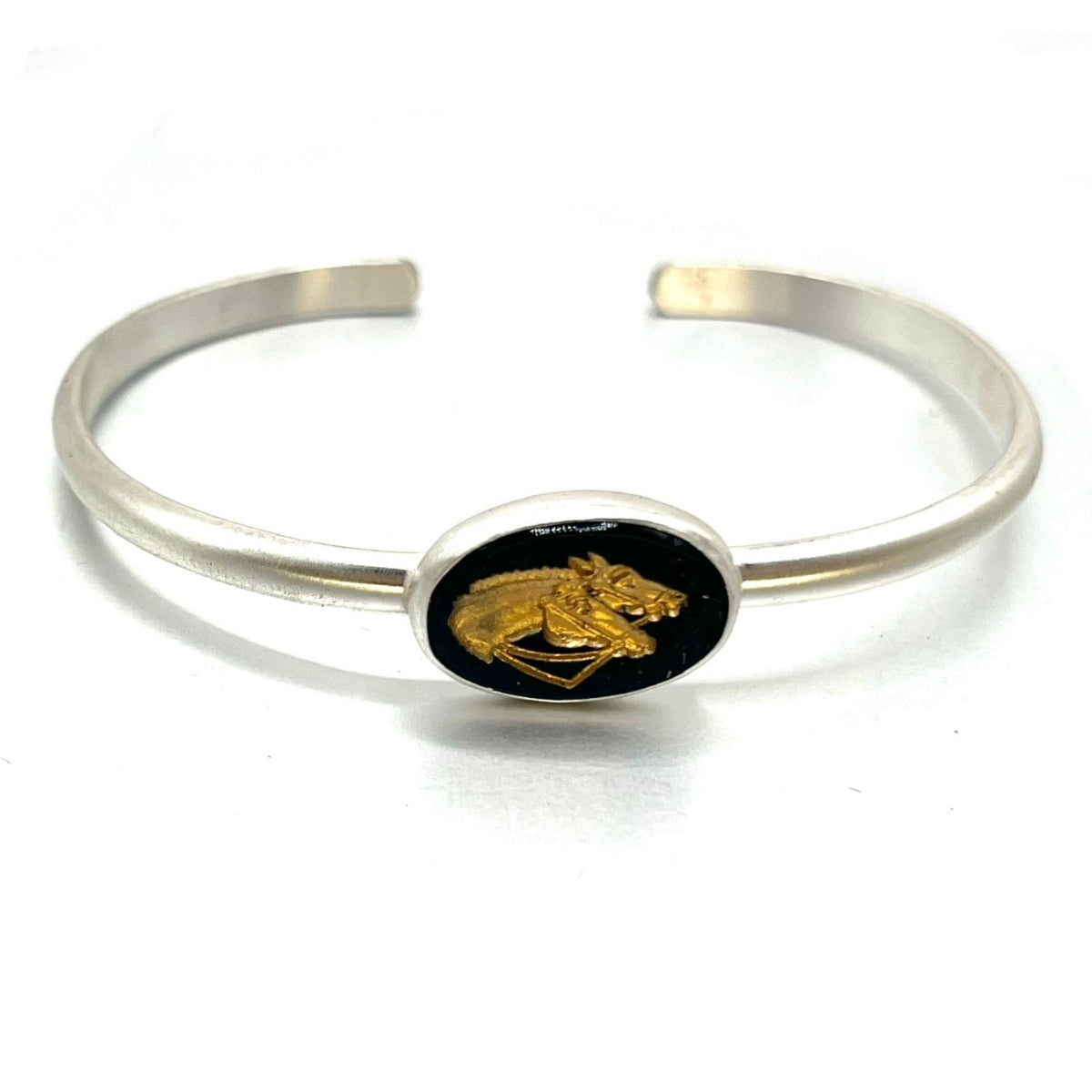 Vintage German Glass Horse Cuff – Handcrafted Sterling Silver Bracelet, 1970s Carved Glass, 6"