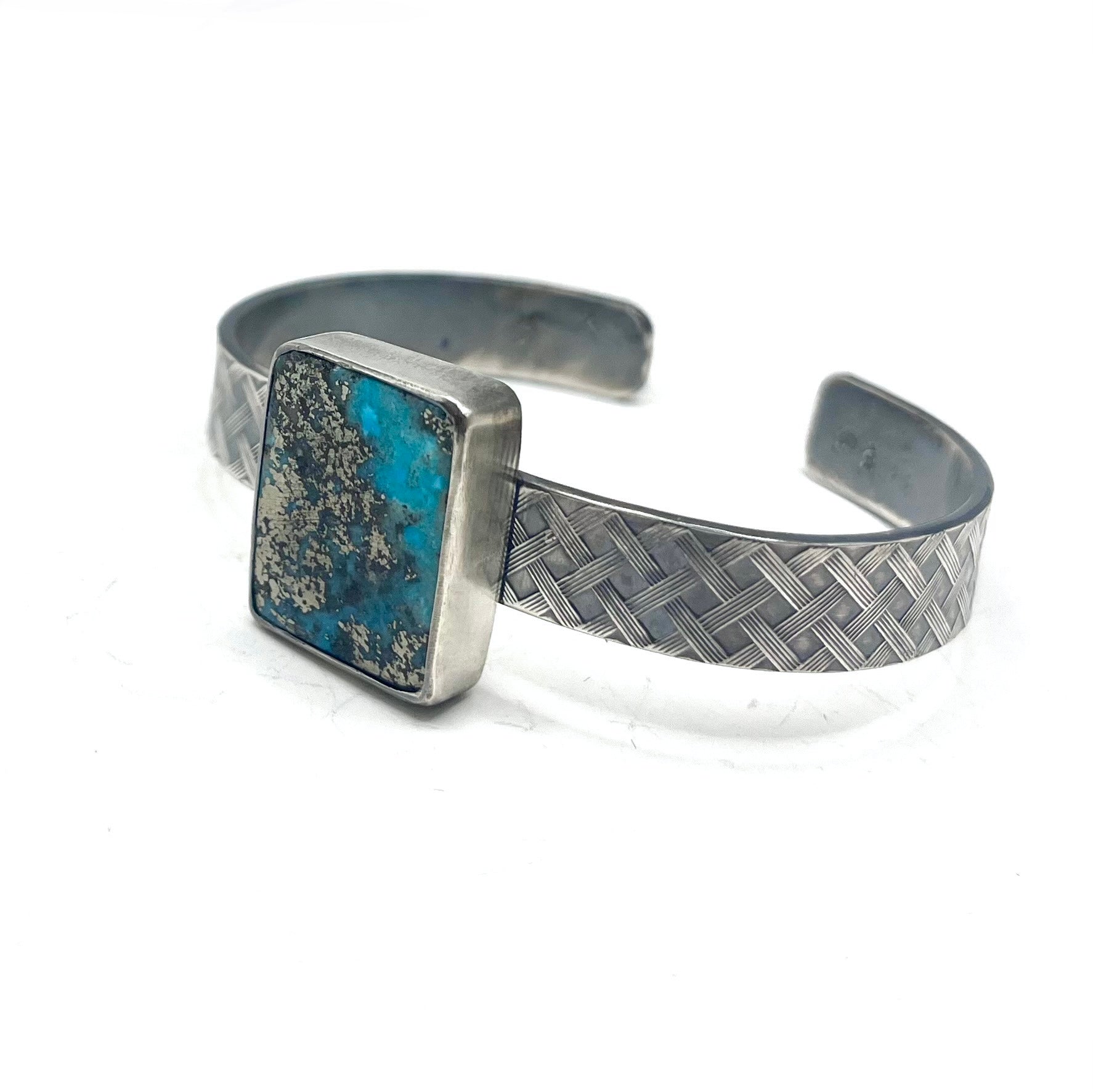 Turquoise and Pyrite Basket Pattern Sterling Silver Cuff – Handcrafted Southwestern Jewelry, 6.5" Circumference