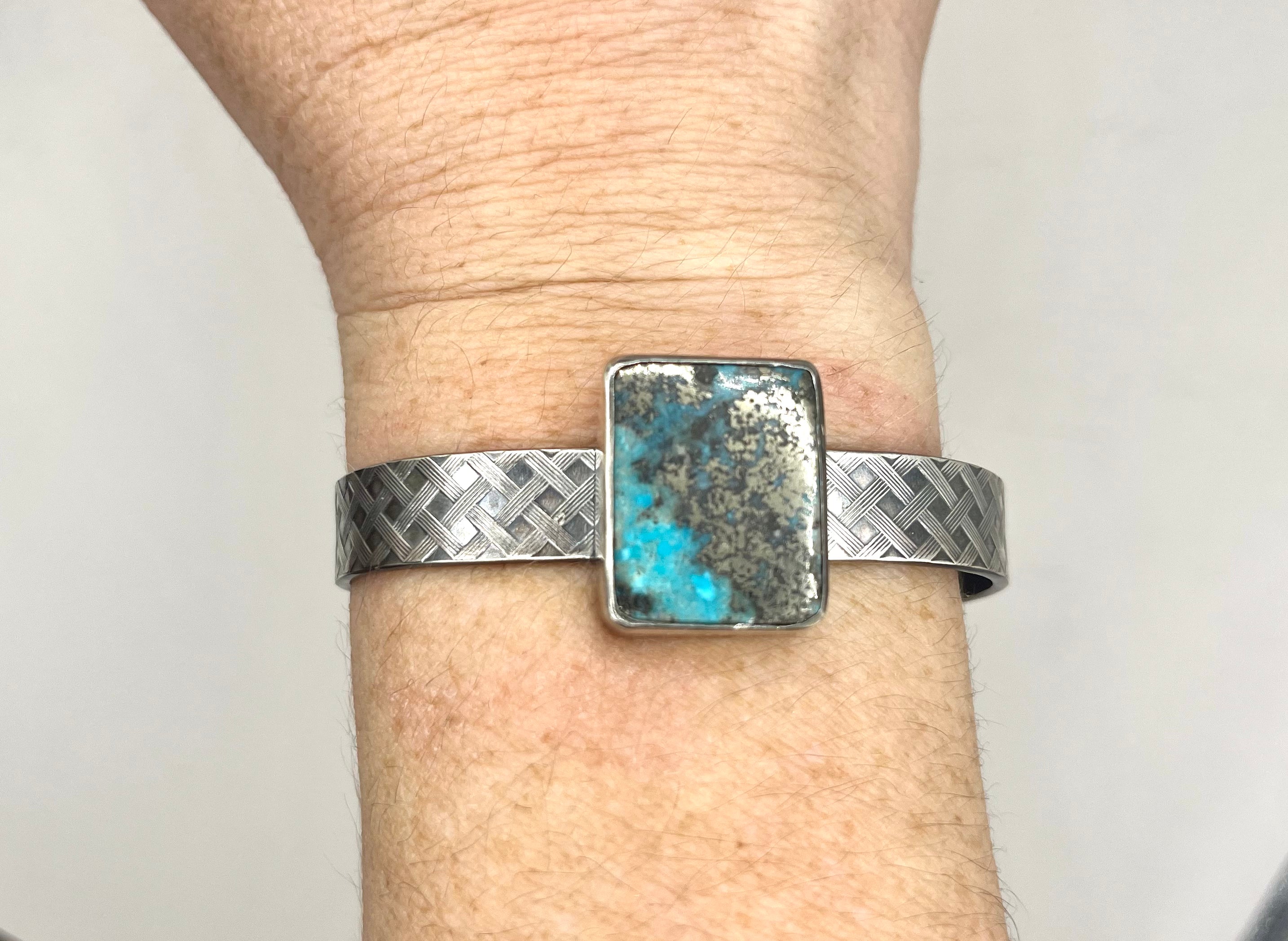 Turquoise and Pyrite Basket Pattern Sterling Silver Cuff – Handcrafted Southwestern Jewelry, 6.5" Circumference