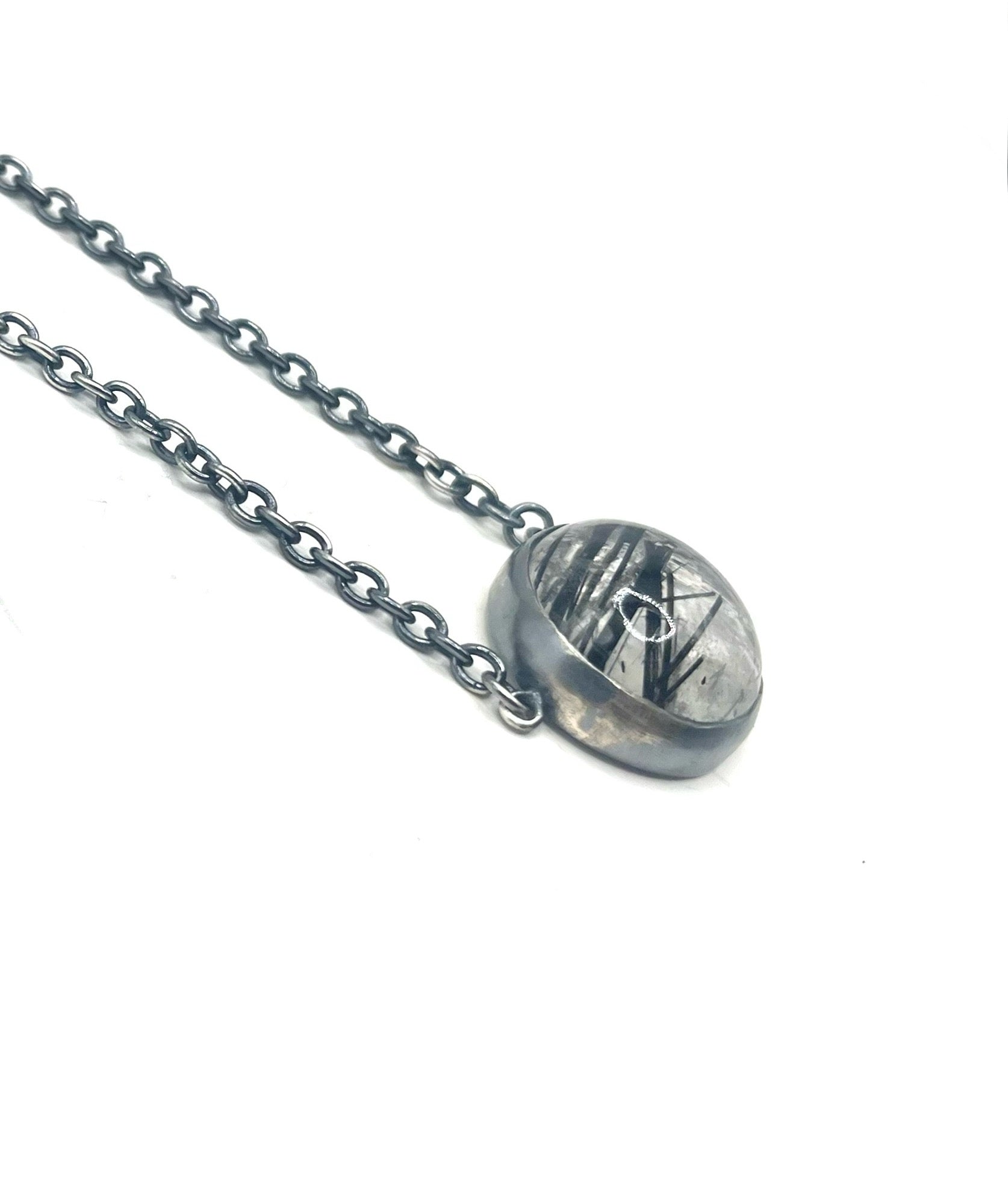 Rutilated Quartz Pendant Necklace – Handmade Sterling Silver Thick Cable Chain, 18" with Hook Clasp
