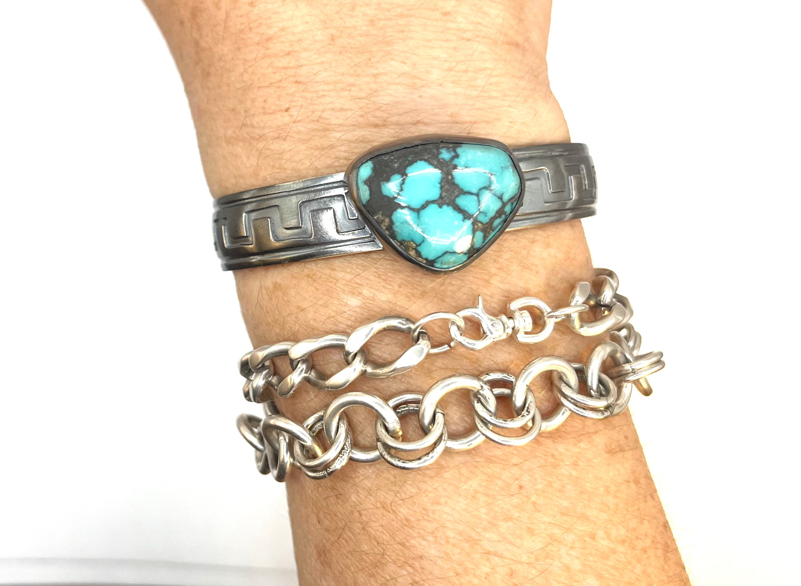 Handmade Sterling Silver Cuff with Hubei Turquoise and Reclaimed Zuni Silver Band