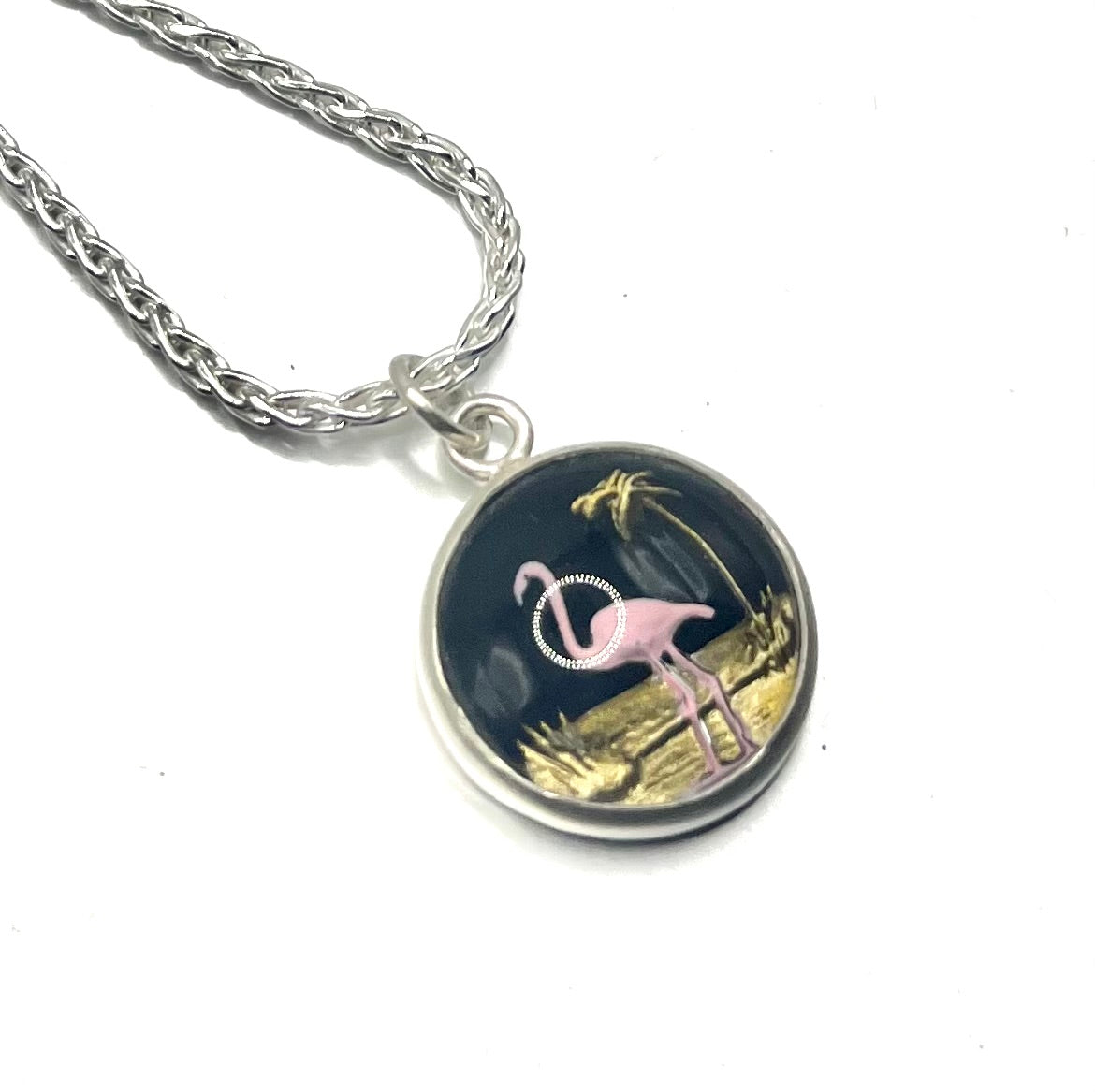 Vintage 1950s Flamingo Glass Necklace – Hand-Painted Intaglio Cabochons on Sterling Silver Wheat Chain