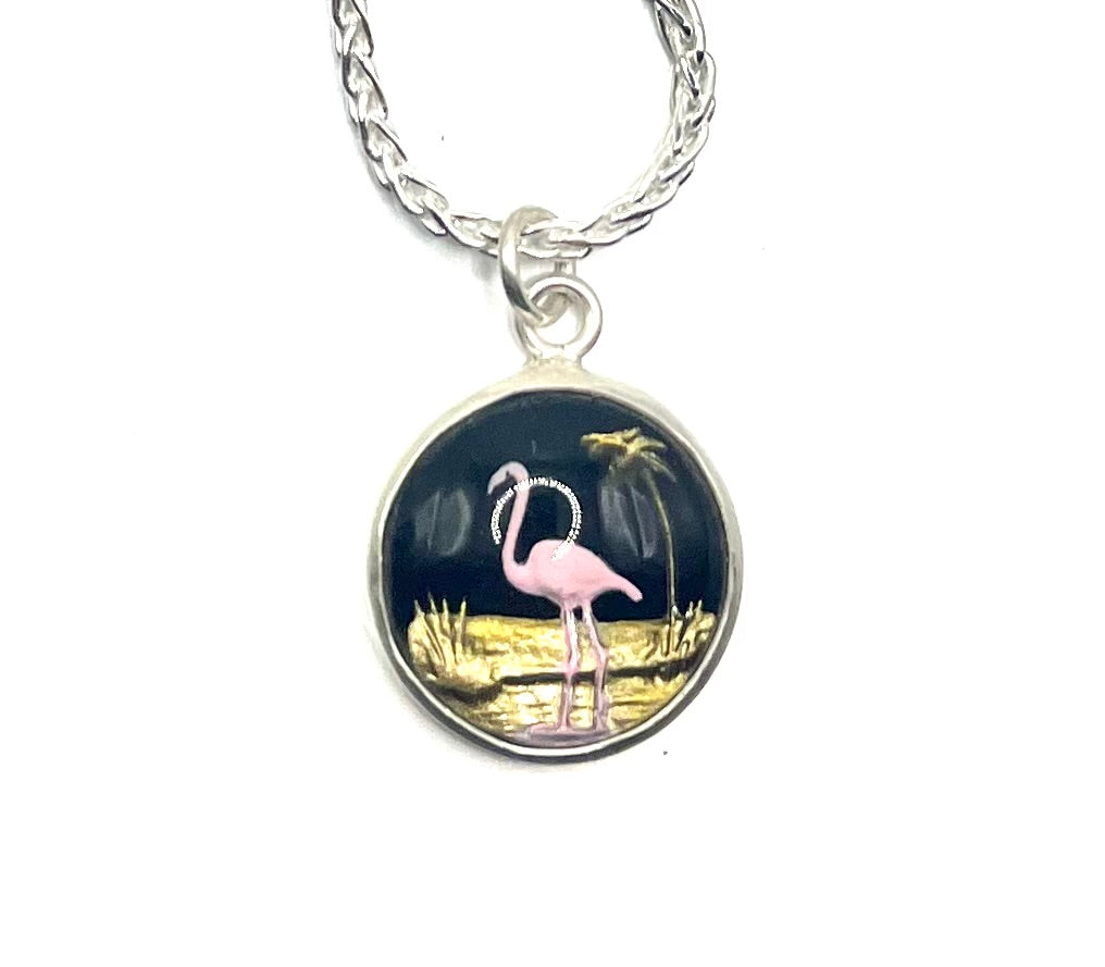 Vintage 1950s Flamingo Glass Necklace – Hand-Painted Intaglio Cabochons on Sterling Silver Wheat Chain