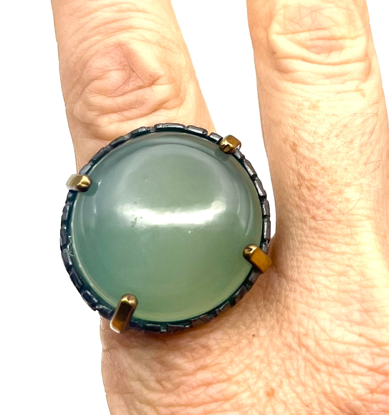 Chalcedony Sterling Silver Signet Ring – Handmade Vintage Flatware Jewelry with Brass Accents