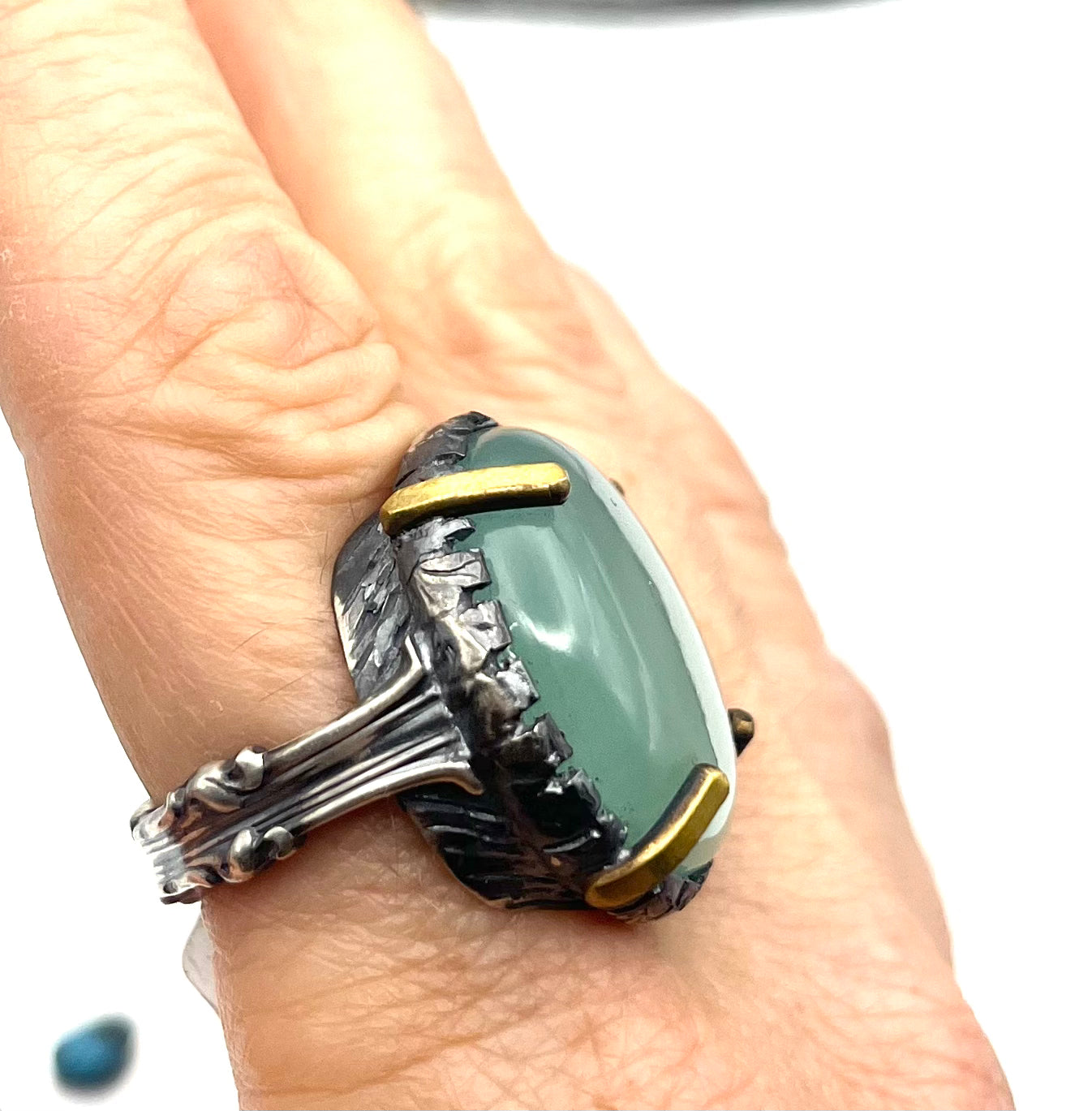 Chalcedony Sterling Silver Signet Ring – Handmade Vintage Flatware Jewelry with Brass Accents