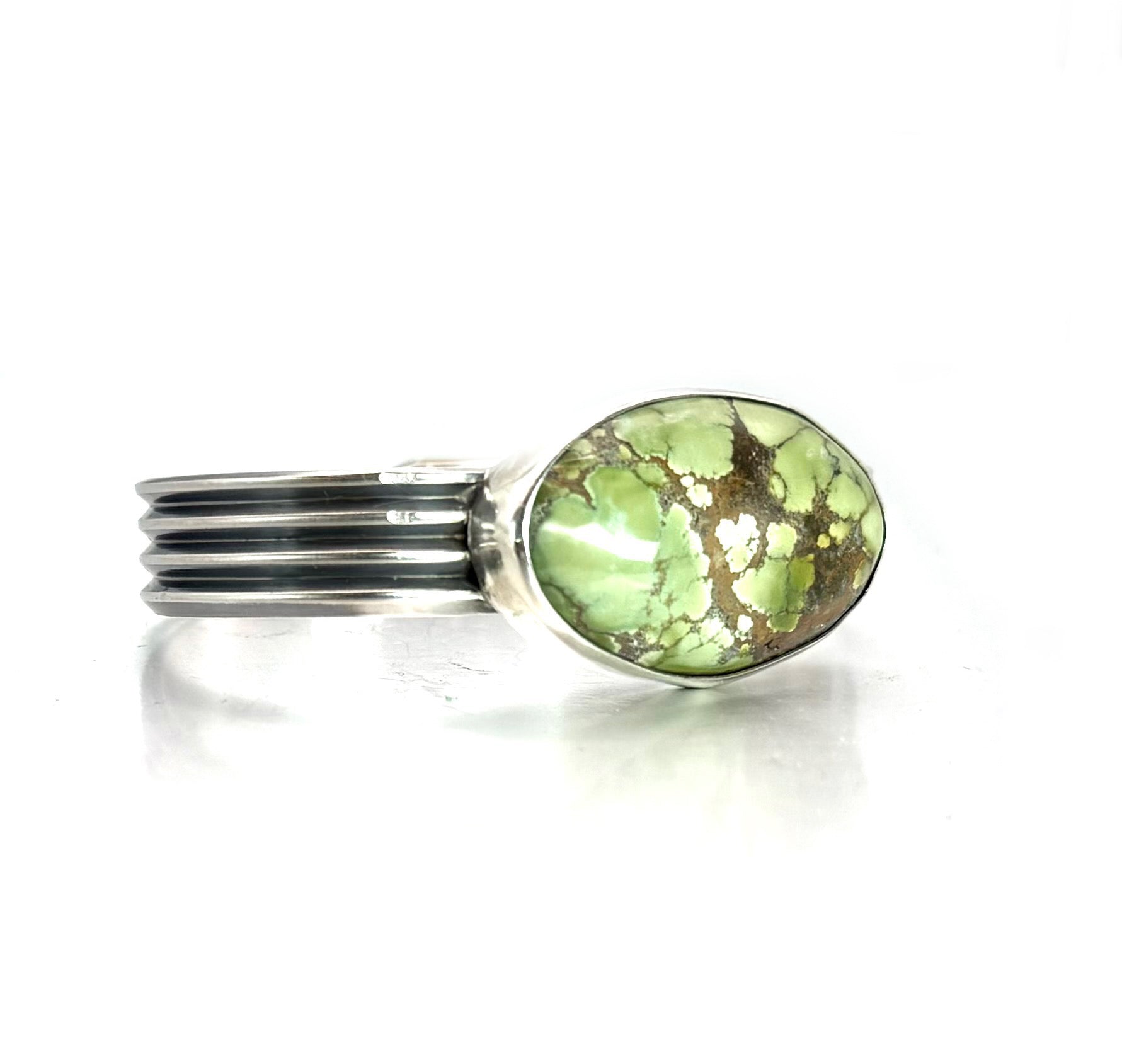 Green Treasure Mountain Turquoise Sterling Silver Cuff – Handmade Artisan Jewelry