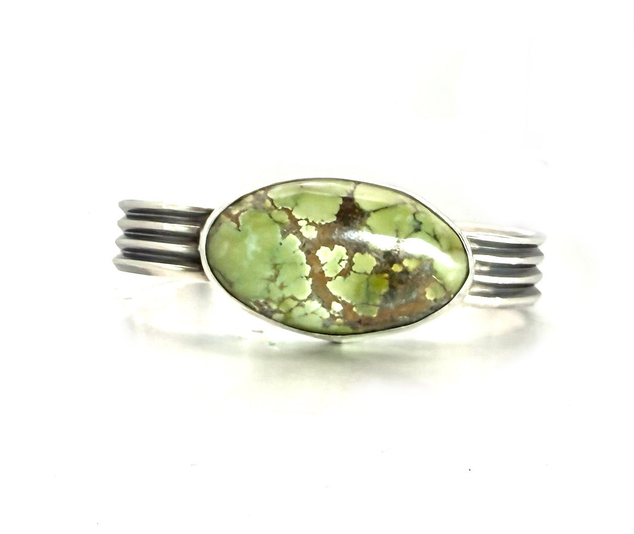 Green Treasure Mountain Turquoise Sterling Silver Cuff – Handmade Artisan Jewelry