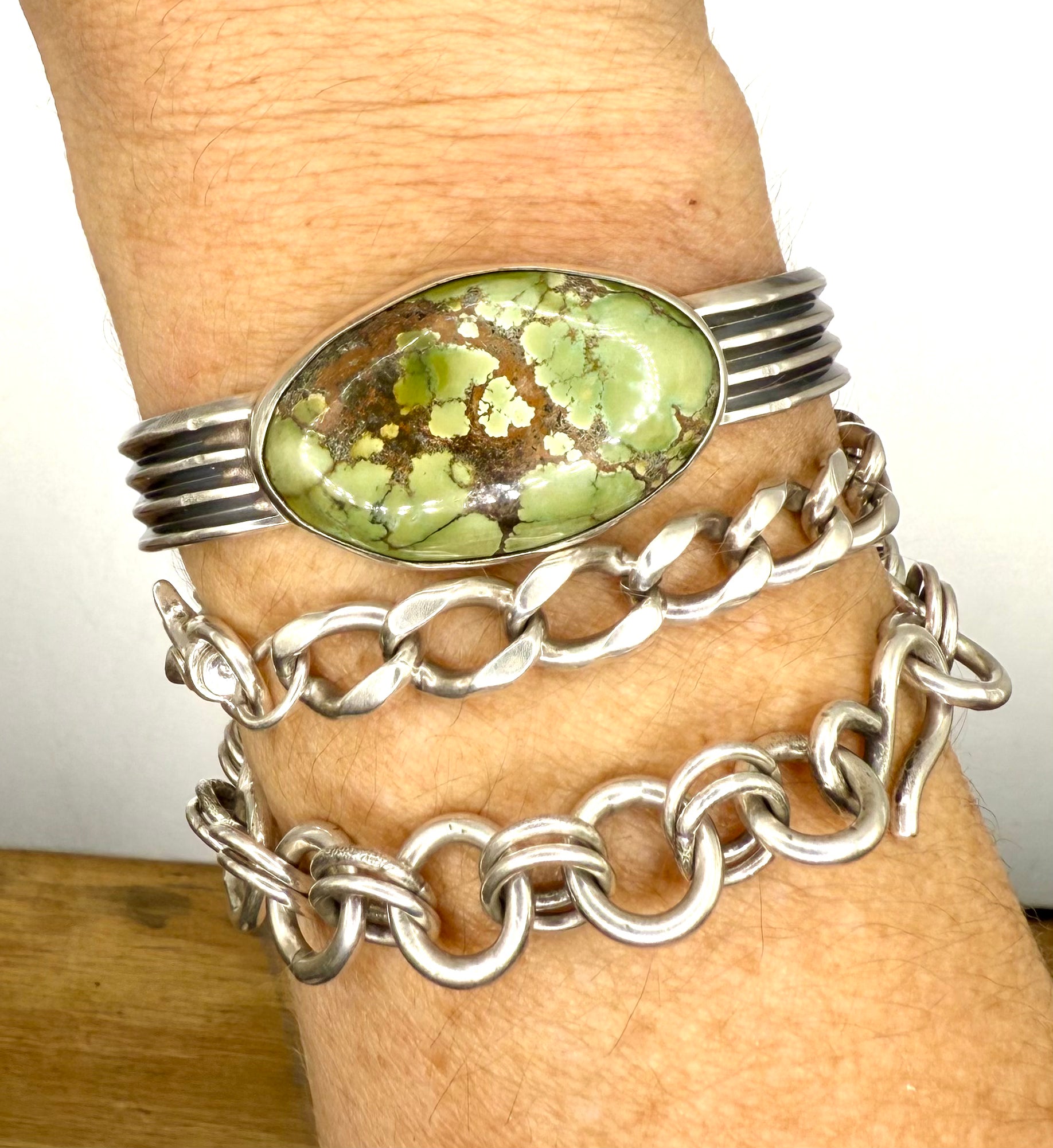 Green Treasure Mountain Turquoise Sterling Silver Cuff – Handmade Artisan Jewelry
