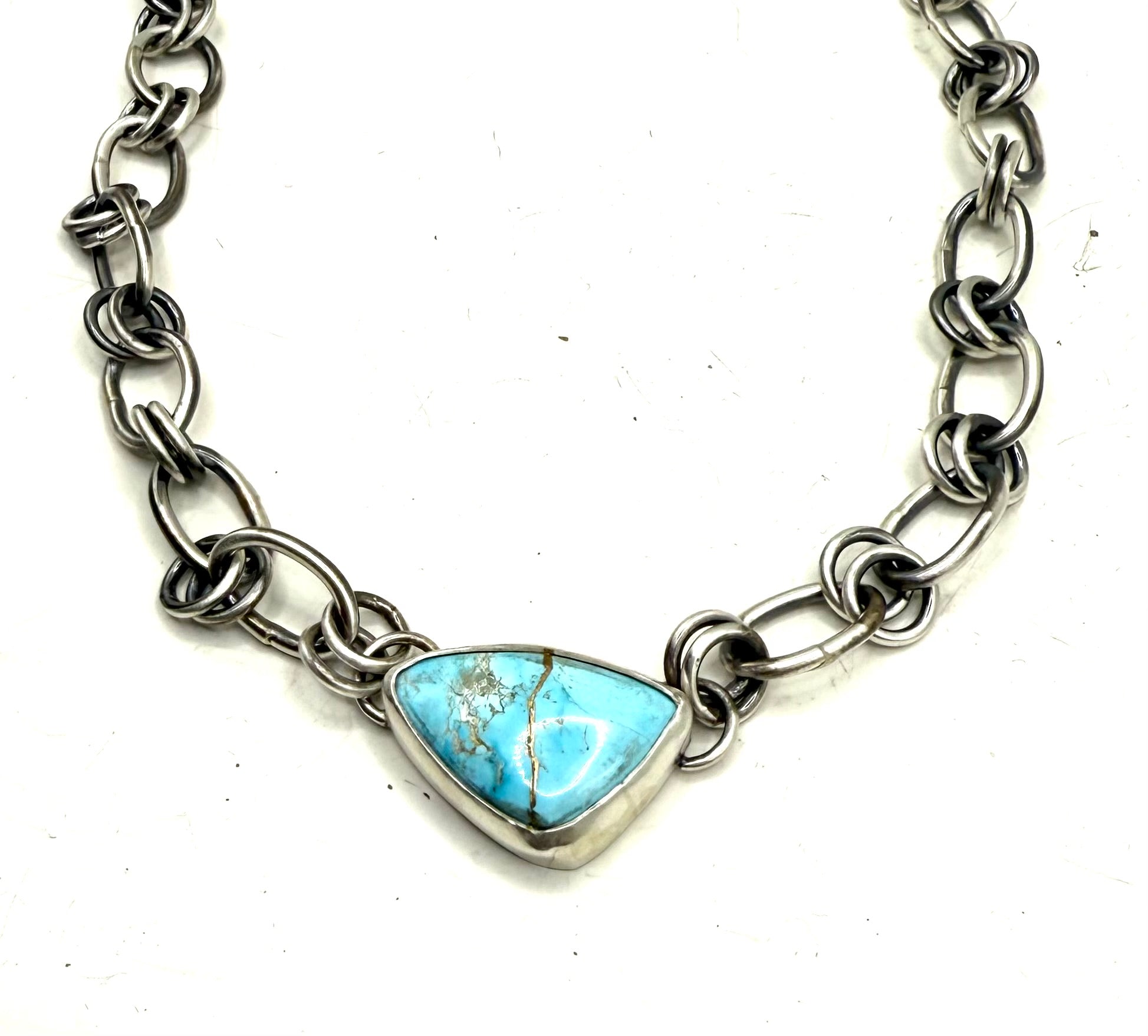Quingu Blue Turquoise Necklace – Handmade Sterling Silver Statement Chain