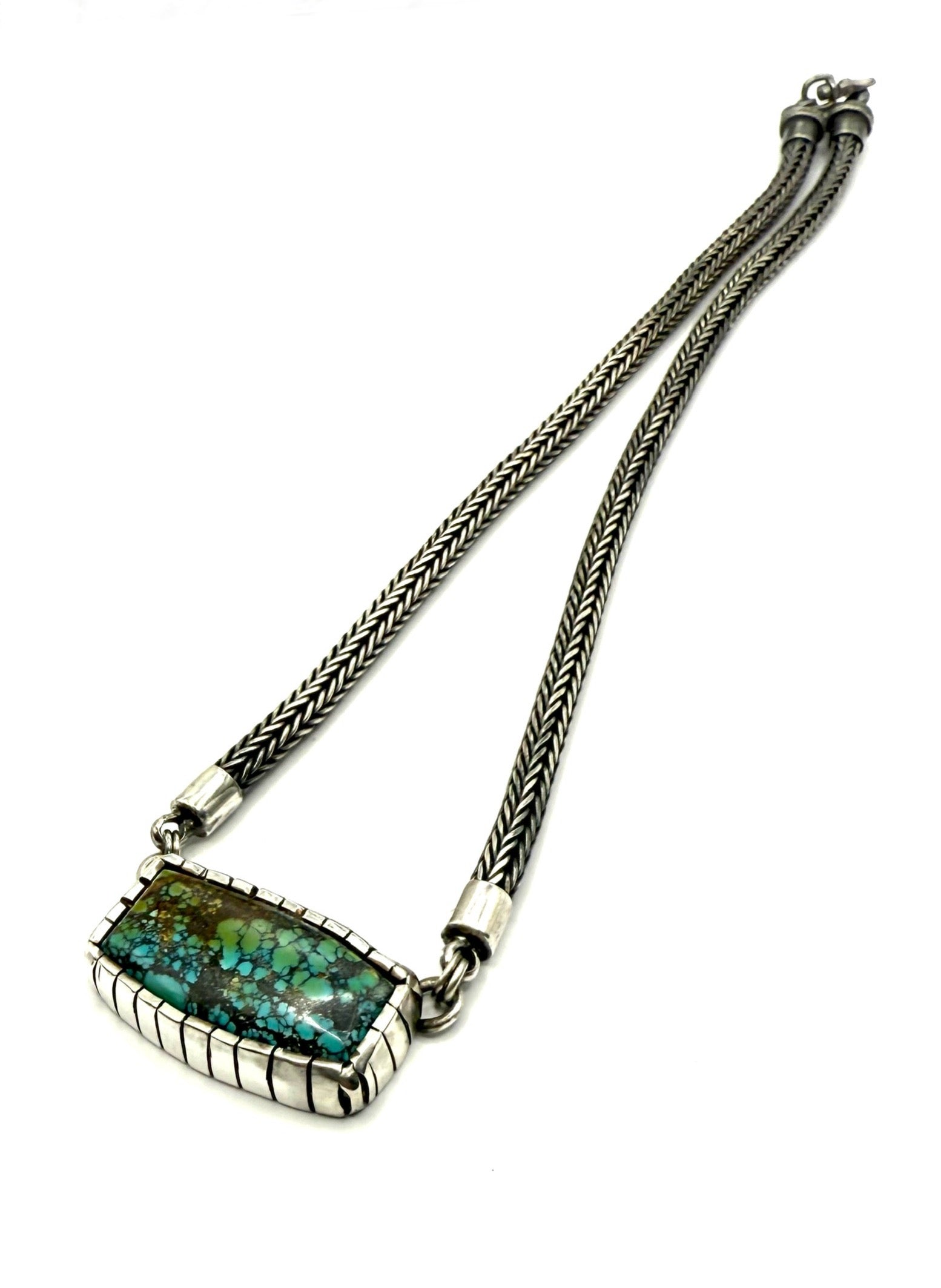 Handmade Fine Silver Woven Chain Necklace with Hubei Turquoise in Castellated Sterling Bezel