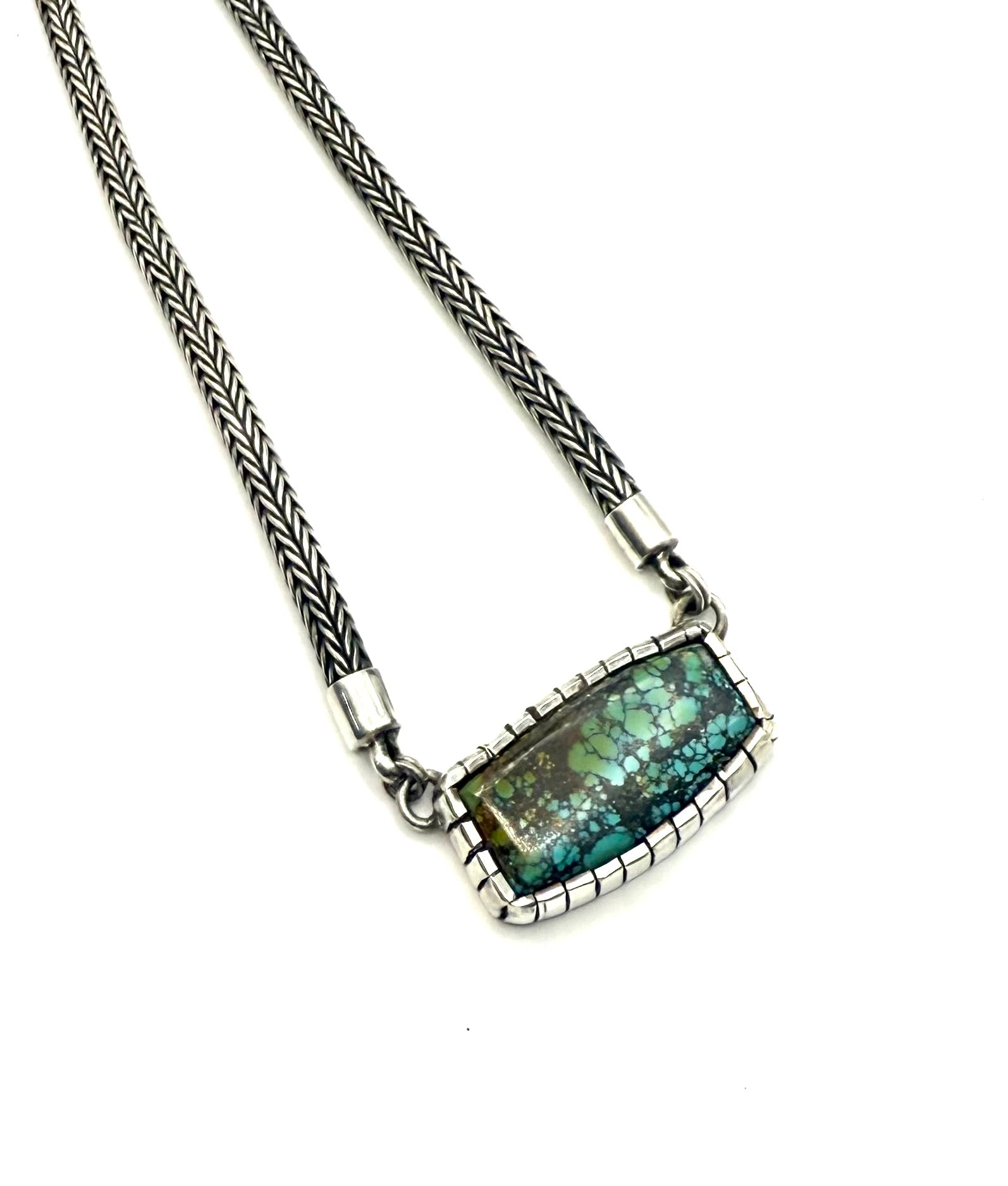 Handmade Fine Silver Woven Chain Necklace with Hubei Turquoise in Castellated Sterling Bezel