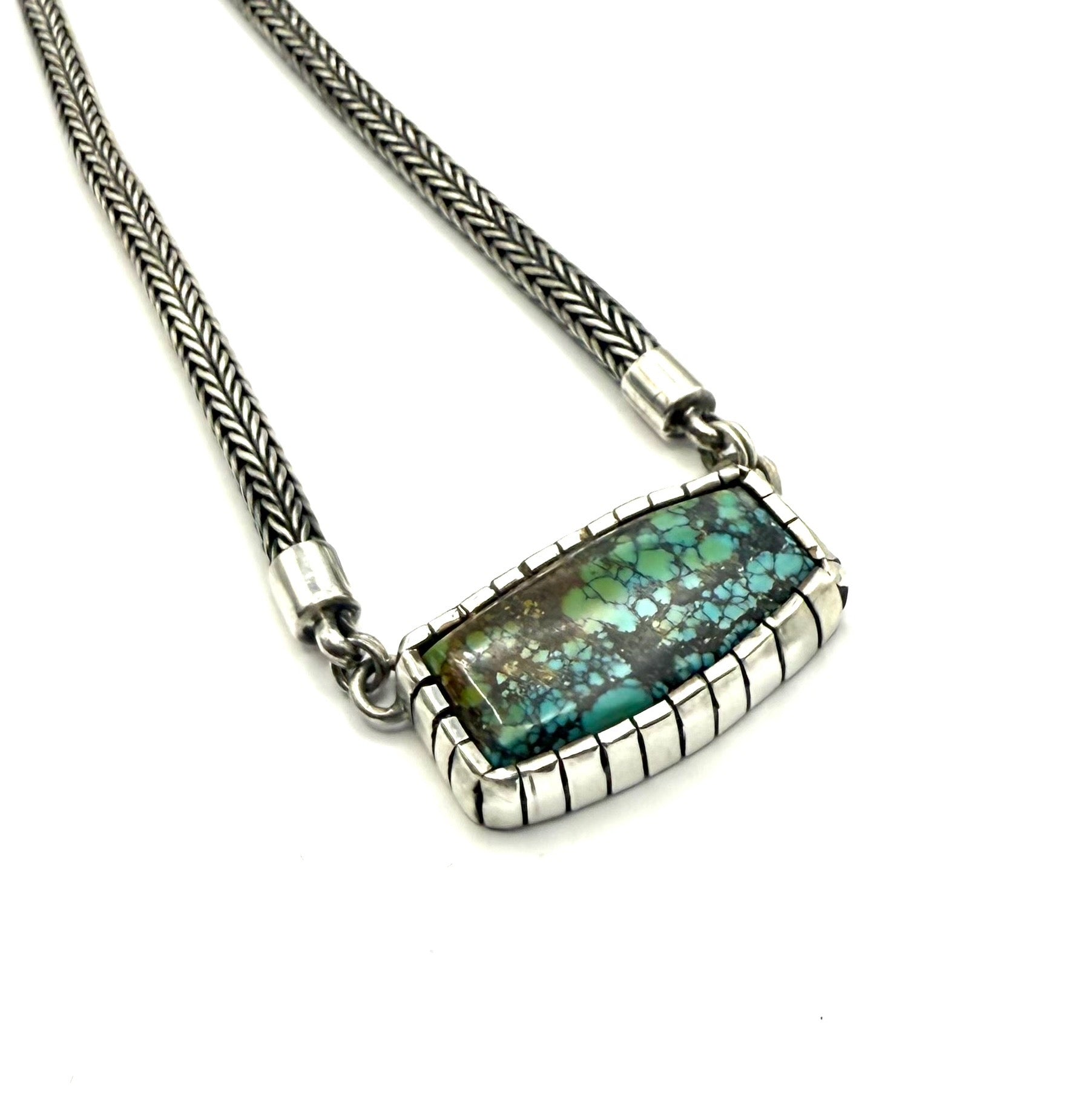 Handmade Fine Silver Woven Chain Necklace with Hubei Turquoise in Castellated Sterling Bezel