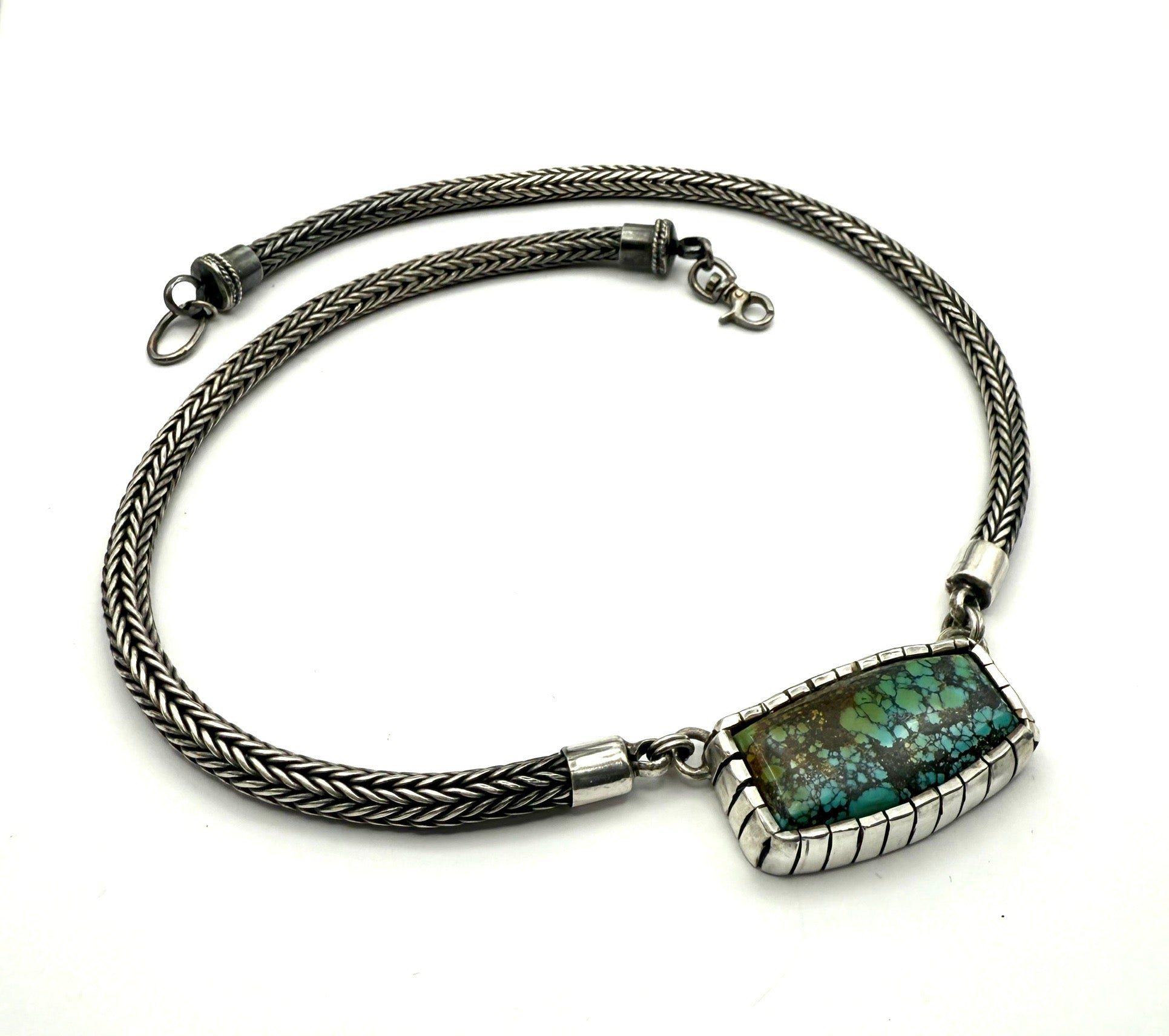 Handmade Fine Silver Woven Chain Necklace with Hubei Turquoise in Castellated Sterling Bezel