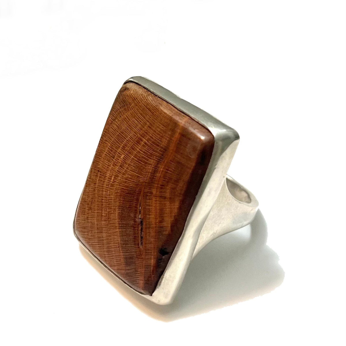 Cherry Wood Silver Signet Ring Custom-Sized Lightweight Wood Grain Statement Ring