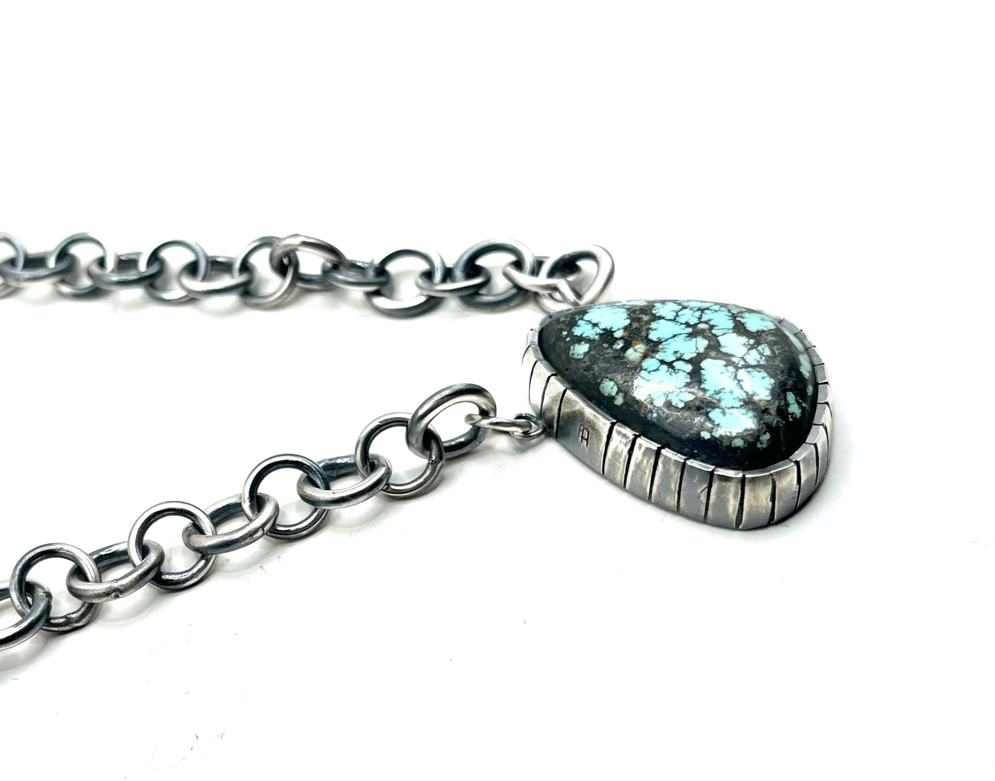 Castellated Treasure Mountain Turquoise Necklace – Handmade Sterling Silver Chain, 18"