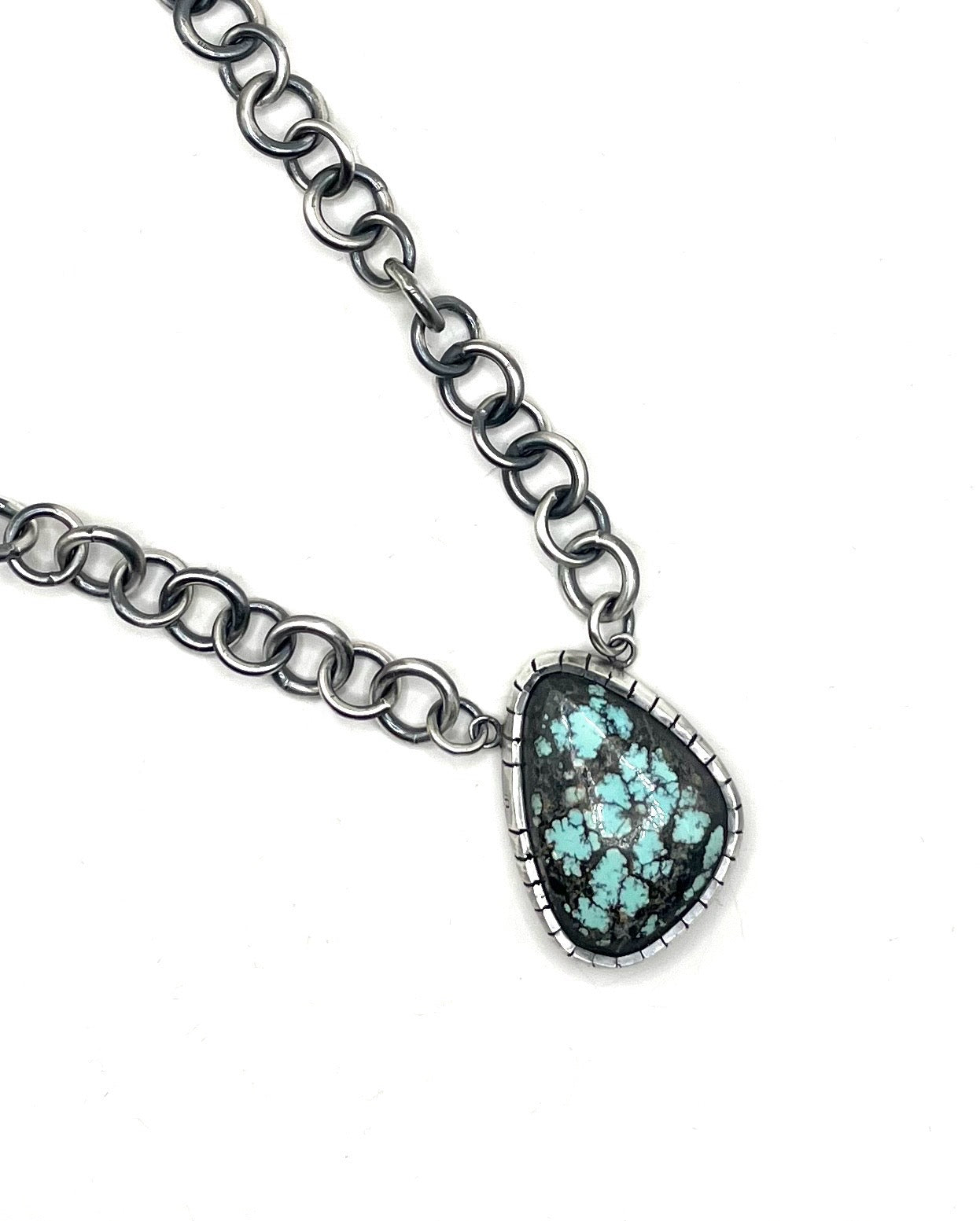 Castellated Treasure Mountain Turquoise Necklace – Handmade Sterling Silver Chain, 18"
