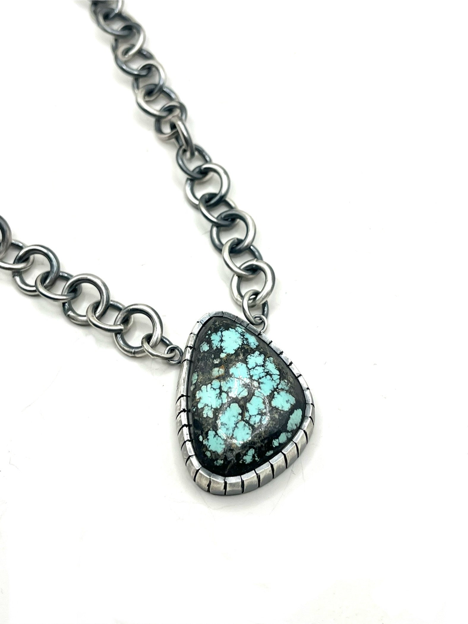 Castellated Treasure Mountain Turquoise Necklace – Handmade Sterling Silver Chain, 18"