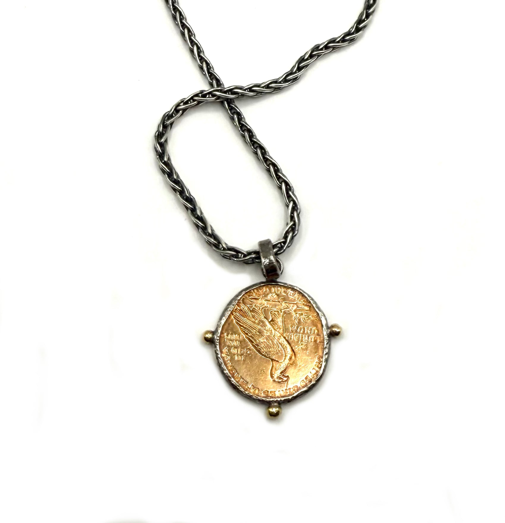 Historic Gold Indian Head $2.50 Coin Necklace – Sterling Silver Bezel & Woven Chain