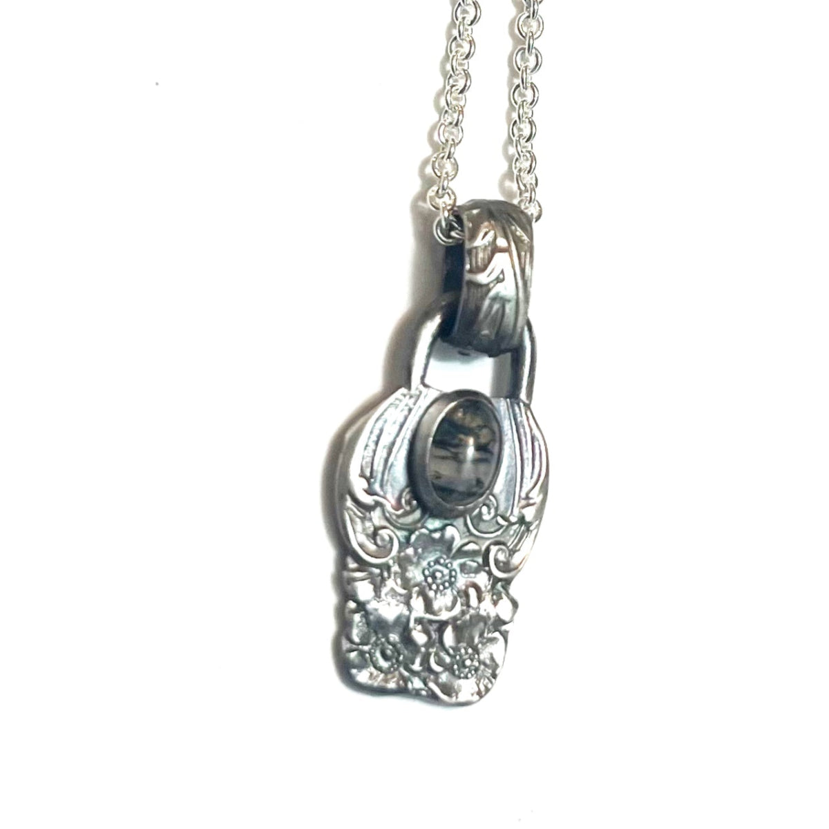 Sterling Spoon Necklace with Moss Agate – Handmade Unique Pendant on 18" Sterling Silver Chain