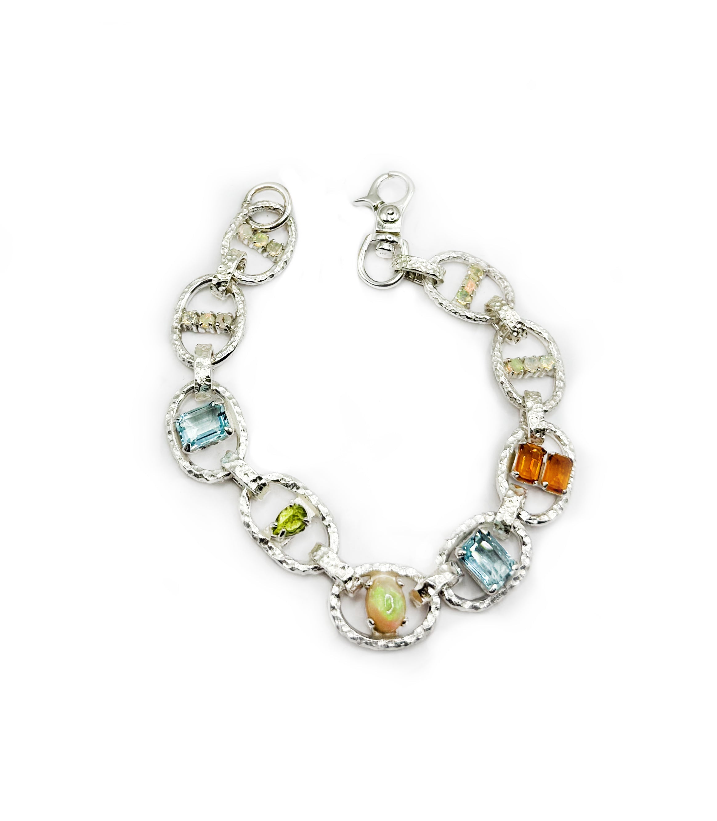 Hand-Carved Sterling Marine Chain Bracelet with White Opal, Amber Quartz, Topaz & Peridot