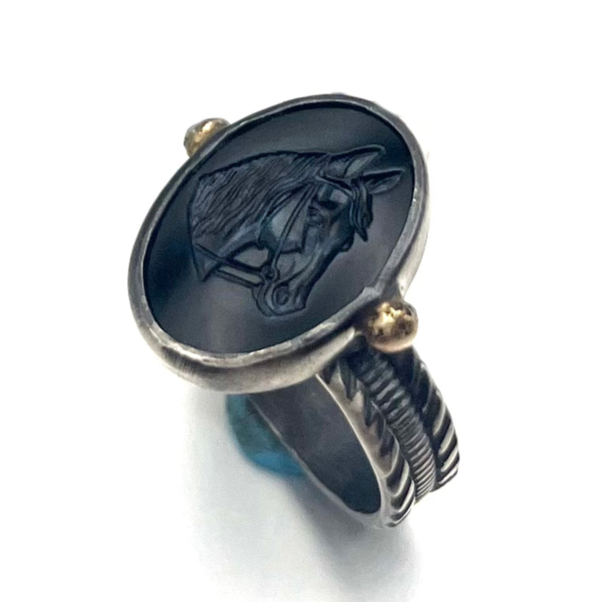 Obsidian and 14K Yellow Gold Horse Head Band – Handmade Sophisticated Jewelry, Size 8.5