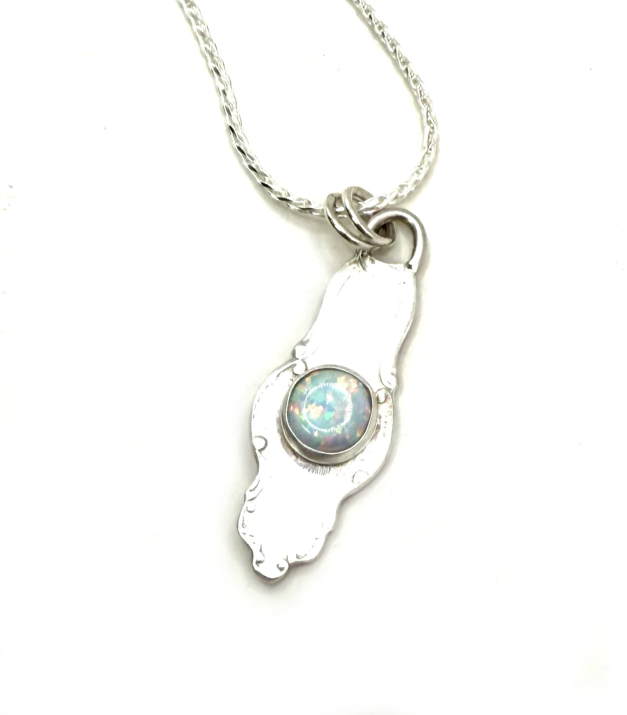Venus Spoon Pendant with Opal – Handcrafted Sterling Silver Souvenir Spoon Necklace with Kyocera Opal, 18" Wheat Chain
