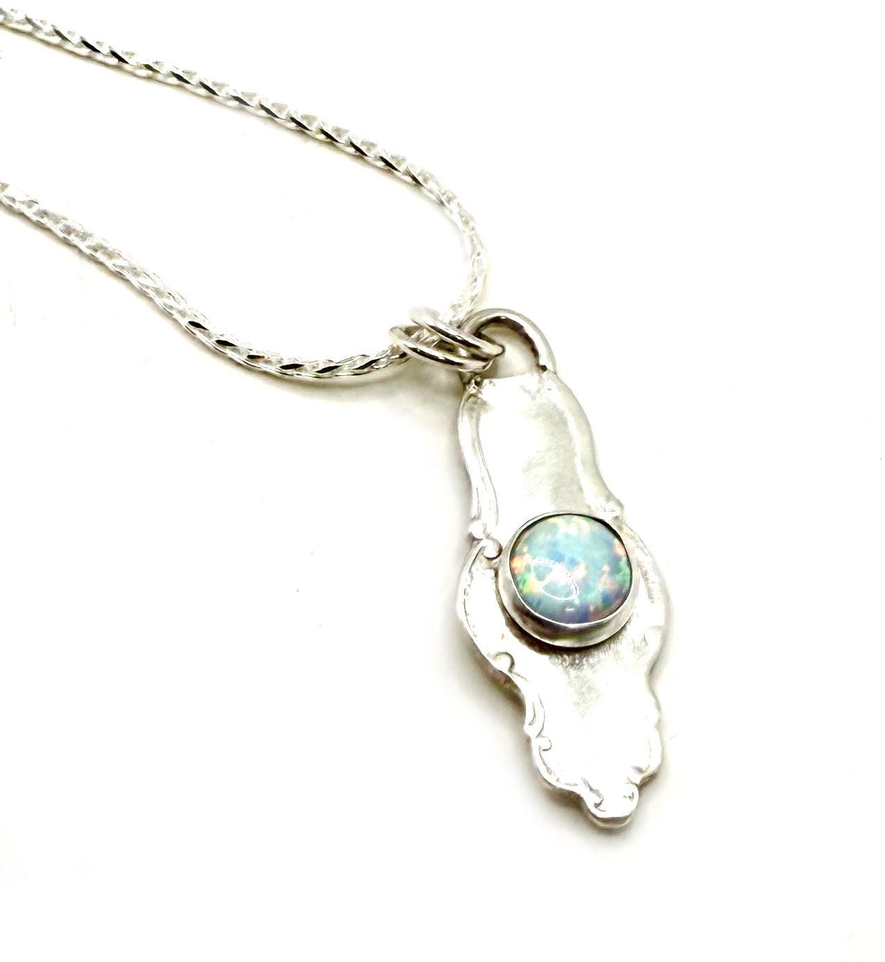 Venus Spoon Pendant with Opal – Handcrafted Sterling Silver Souvenir Spoon Necklace with Kyocera Opal, 18" Wheat Chain