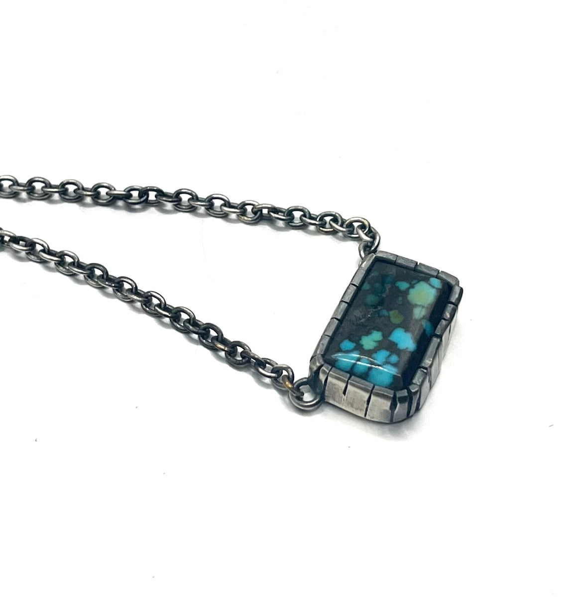 Qingu Turquoise Castellated Bezel Necklace – Handmade Sterling Silver Pendant on 18" Cable Chain
