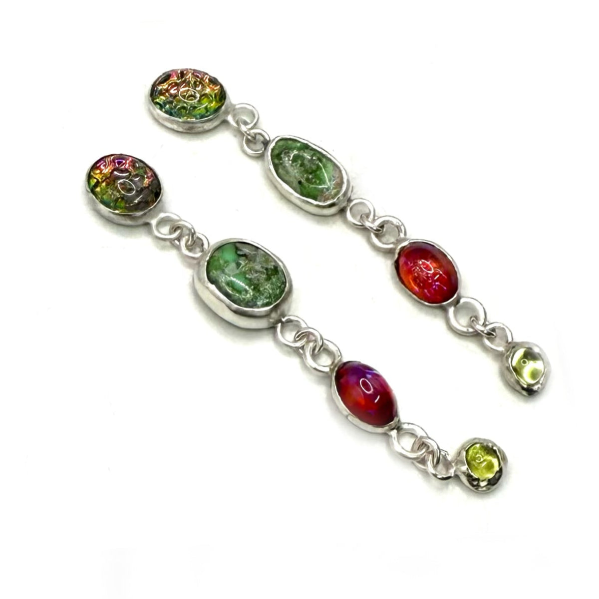 Multi-Tiered Sonoran Gold Turquoise, Fire Opal Czech Glass, Peridot & Snake Skin Sterling Silver Earrings – Handmade Artisan Jewelry